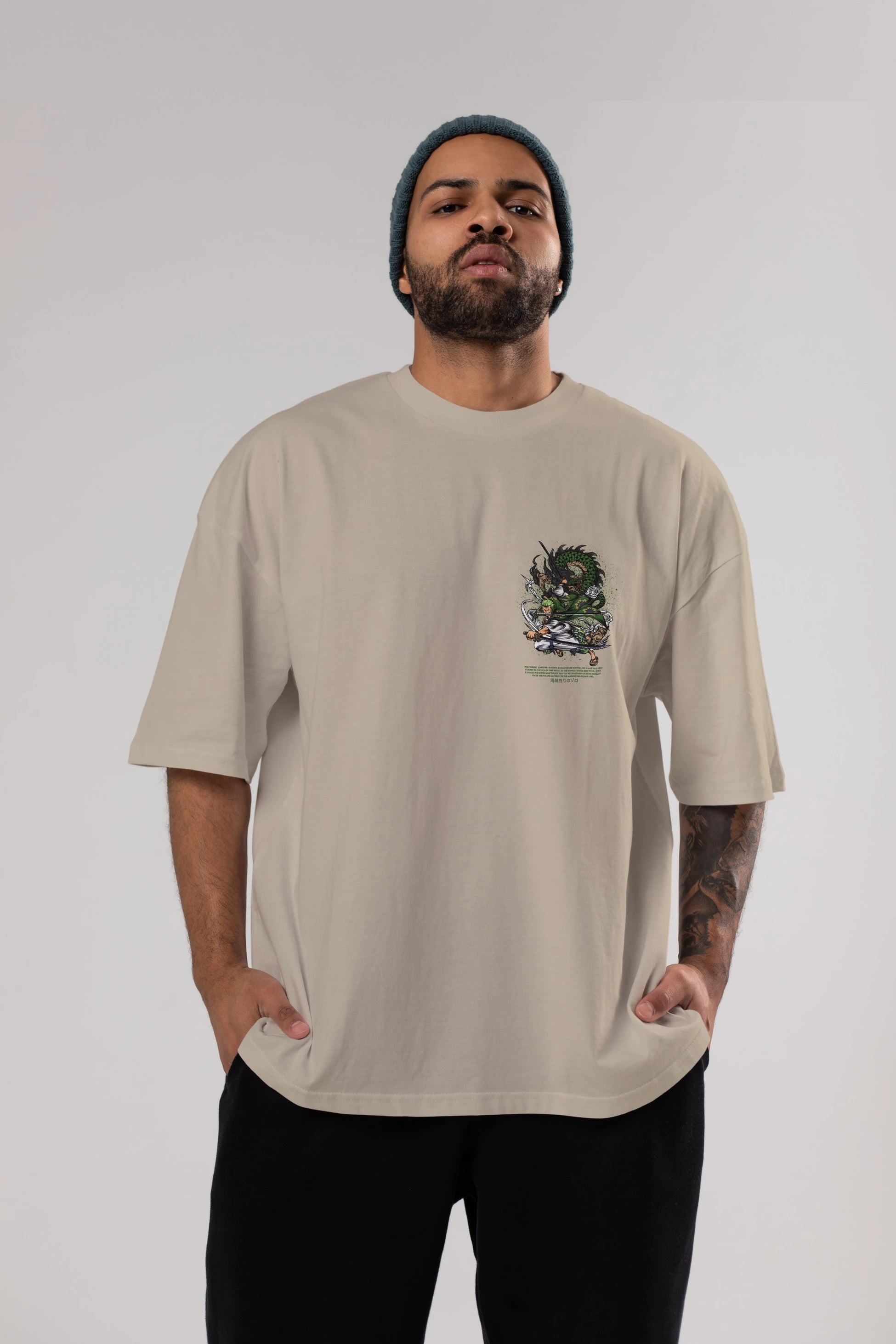 Zoro-ONE PIECE Ön Sol Baskılı Oversize t-shirt Erkek Kadın Unisex %100 Pamuk Bisiklet Yaka tişort
