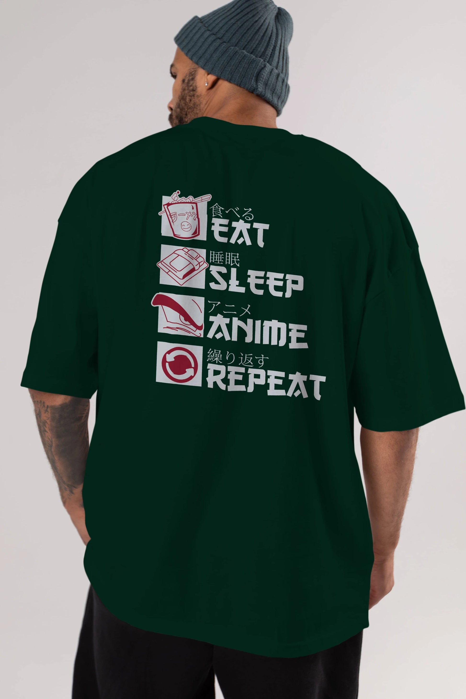 Eat, Sleep, Anime, Repeat Anime Arka Baskılı Oversize t-shirt Erkek Kadın Unisex