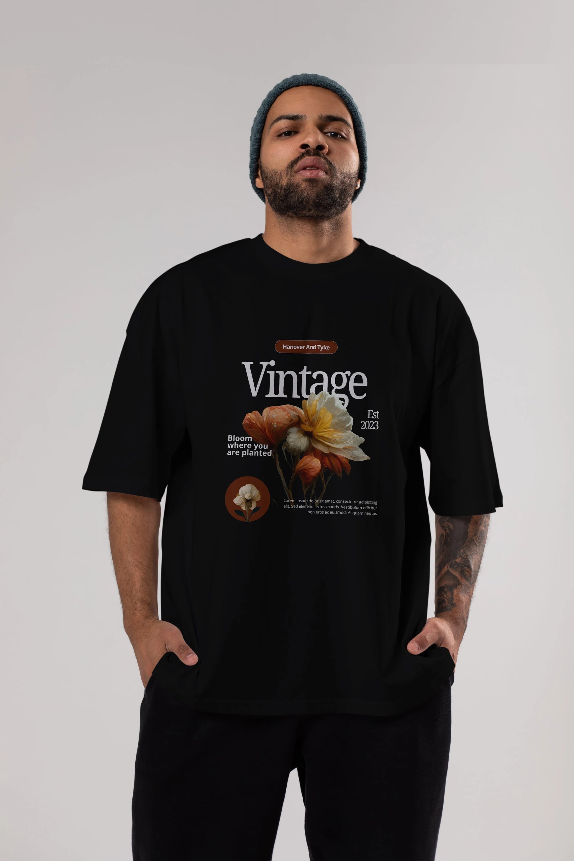 Vintage Çiçek Ön Baskılı Oversize t-shirt Erkek Kadın Unisex