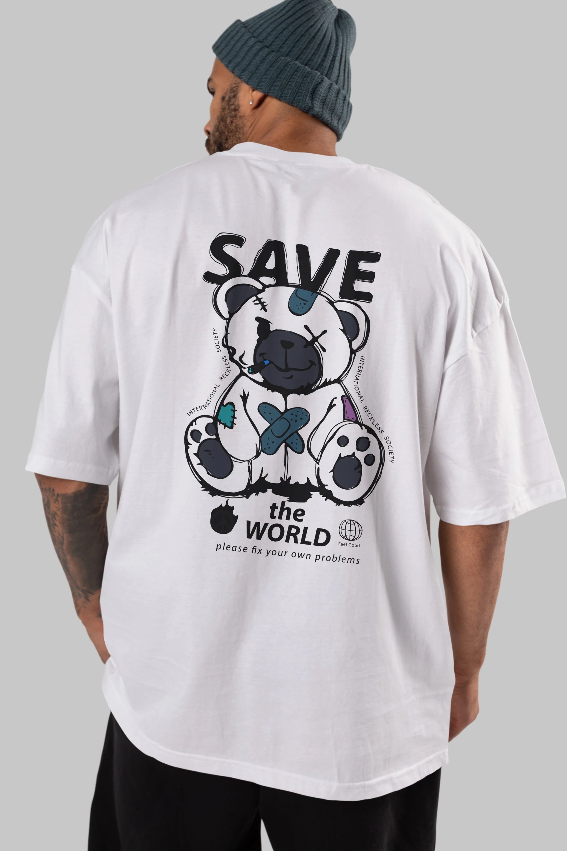 Save the World Bear Arka Baskılı Oversize t-shirt Erkek Kadın Unisex