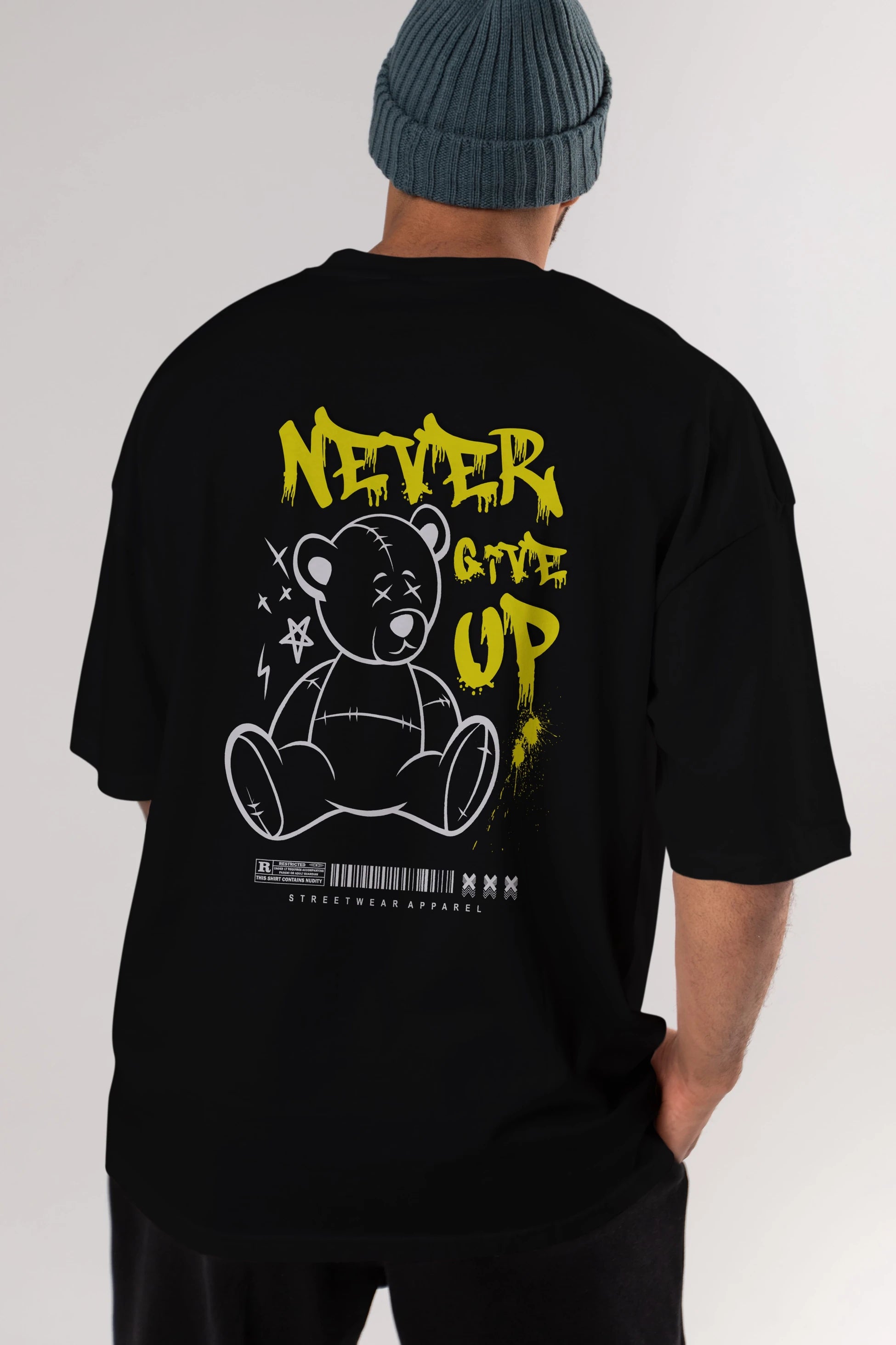 Teddy Bear Never Give Up Arka Baskılı Oversize t-shirt Erkek Kadın Unisex