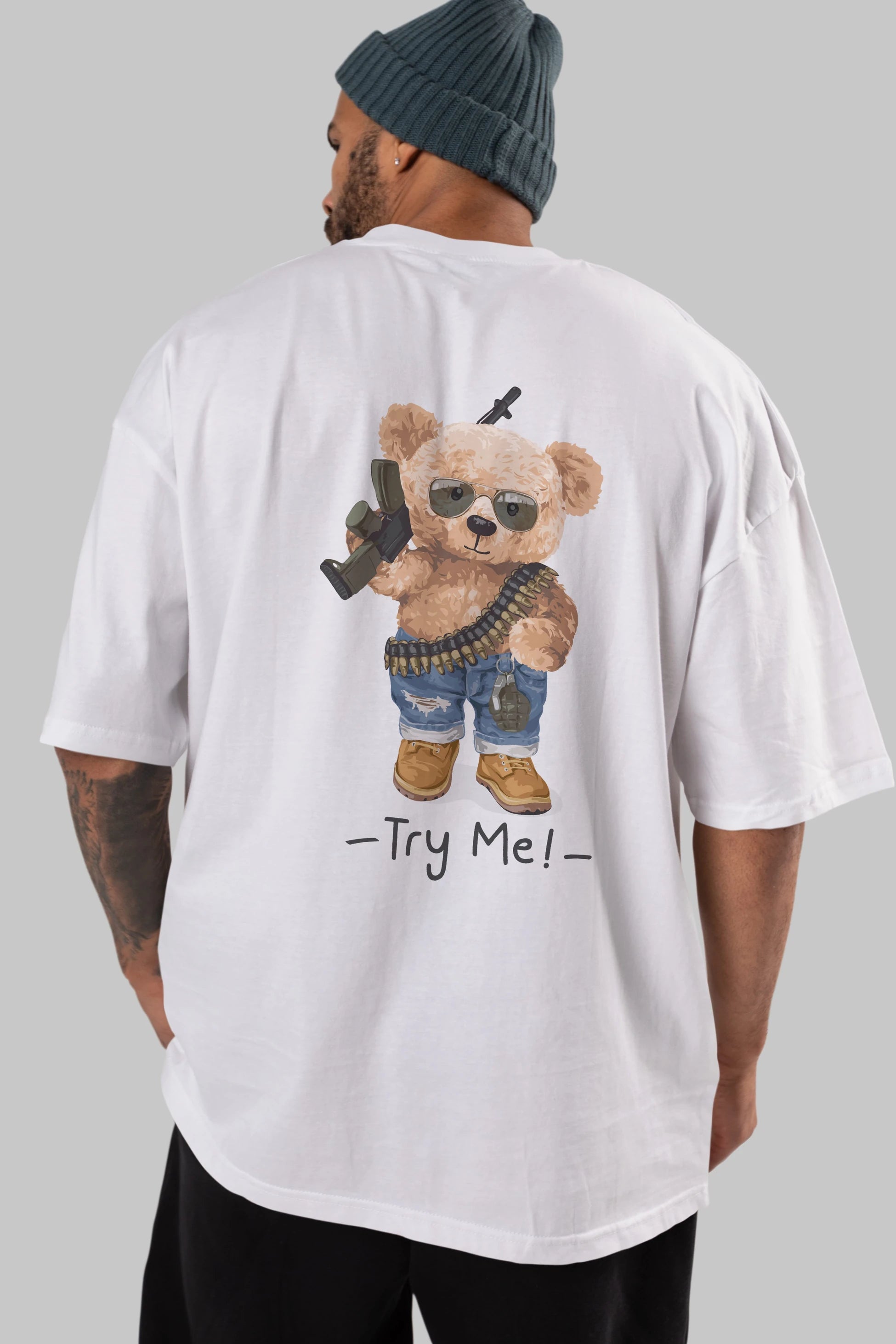 Teddy Bear Try Me Arka Baskılı Oversize t-shirt Erkek Kadın Unisex %100 Pamuk