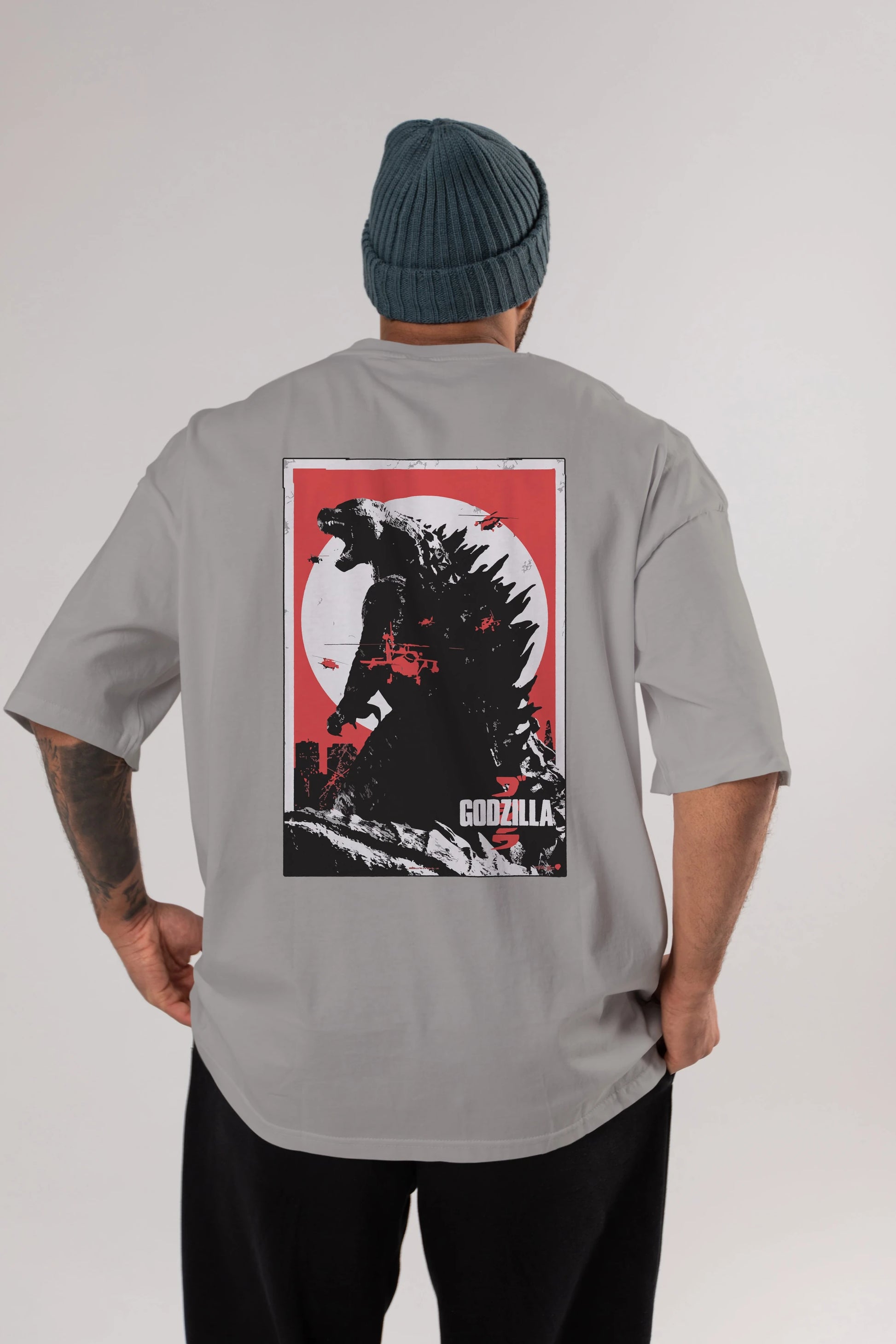 Godzilla (2) Arka Baskılı Oversize t-shirt Erkek Kadın Unisex %100 Pamuk Bisiklet Yaka tişort