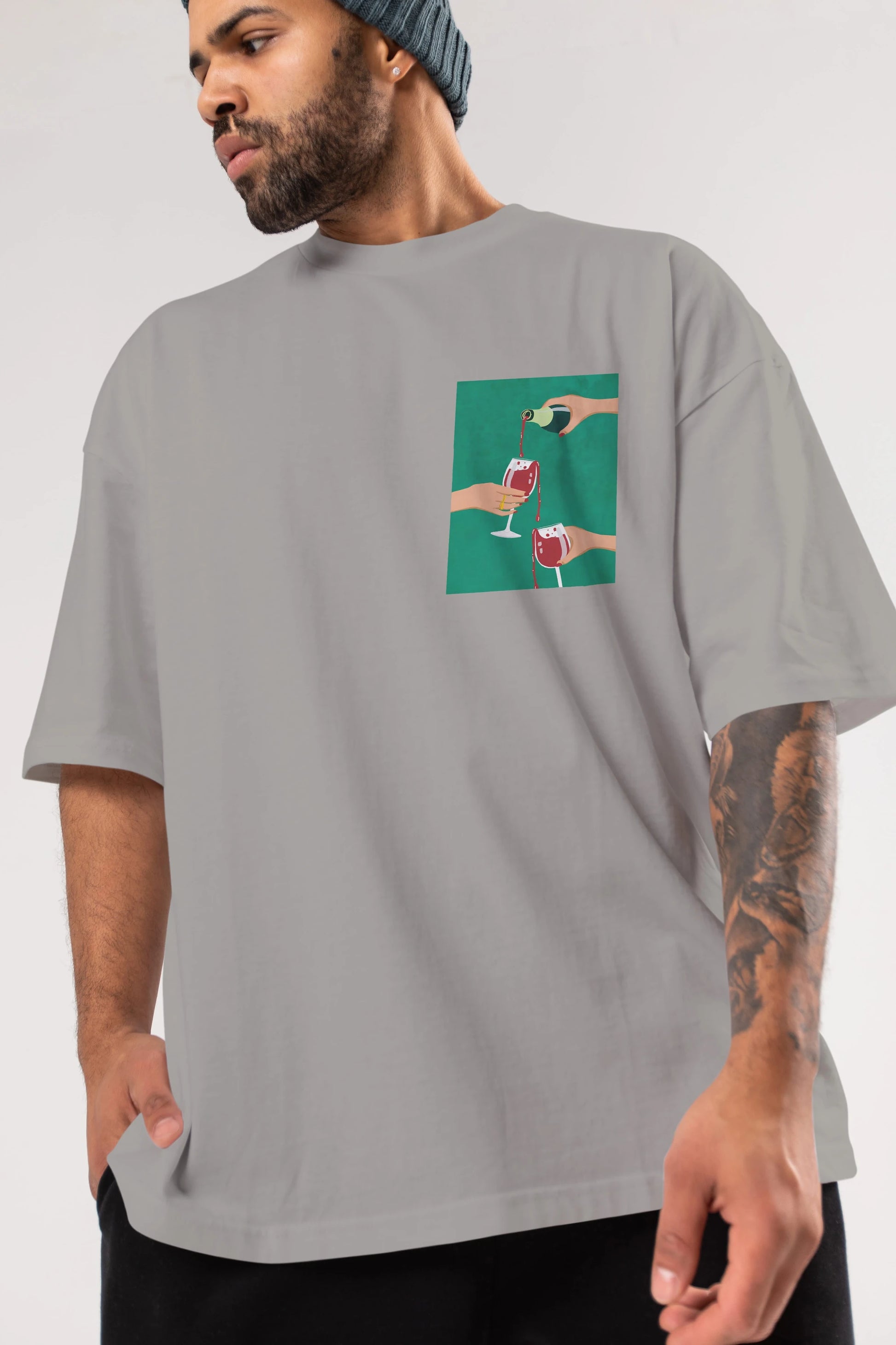 Wine 2 Ön Sol Baskılı Oversize t-shirt Erkek Kadın Unisex %100 Pamuk Bisiklet Yaka tişort