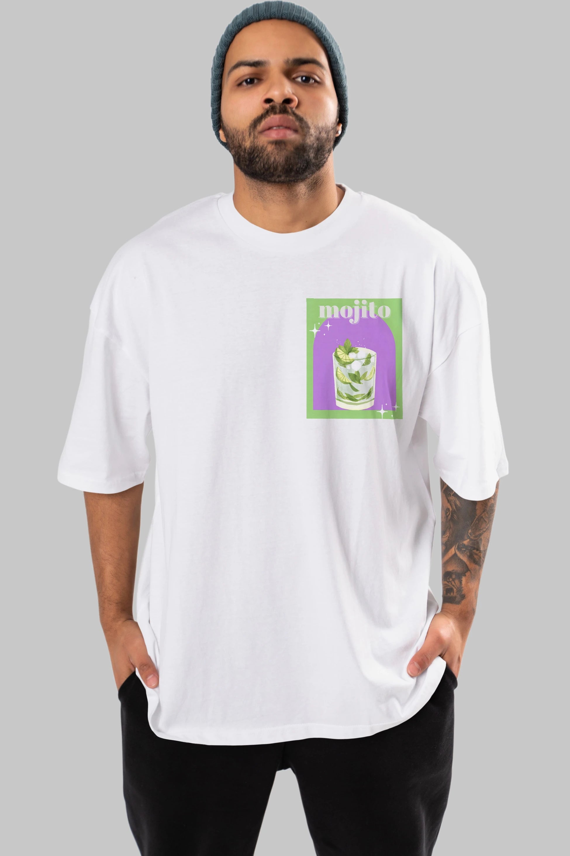Mojito 3 Ön Sol Baskılı Oversize t-shirt Erkek Kadın Unisex %100 Pamuk Bisiklet Yaka tişort