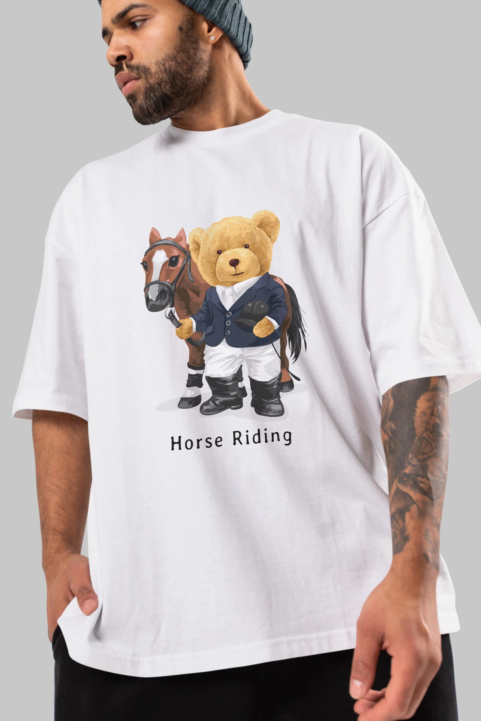 Teddy Bear Horse Riding Ön Baskılı Oversize t-shirt Erkek Kadın Unisex %100 Pamuk