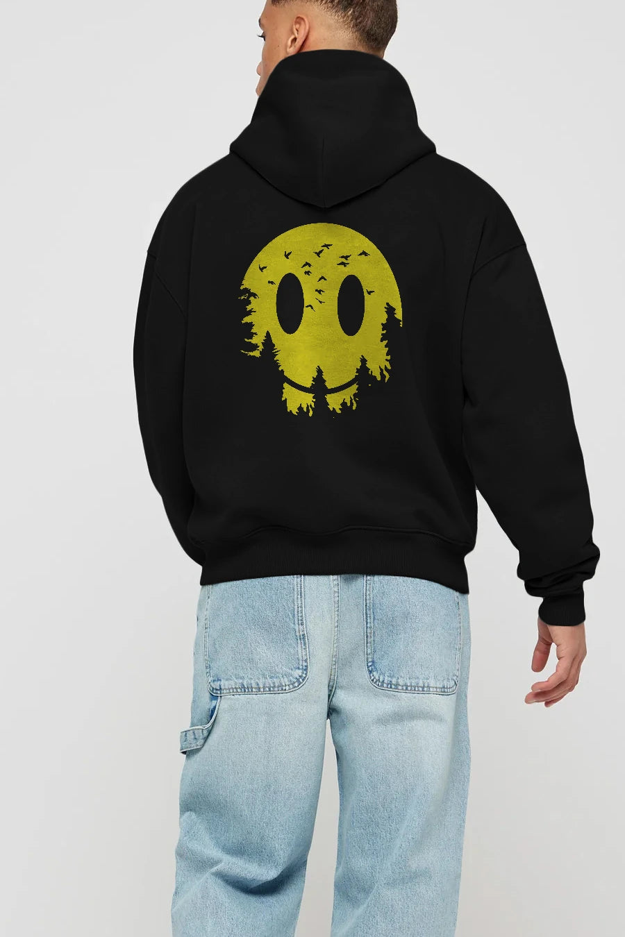 Smiley Moon Arka Baskılı Hoodie Oversize Kapüşonlu Sweatshirt Erkek Kadın Unisex