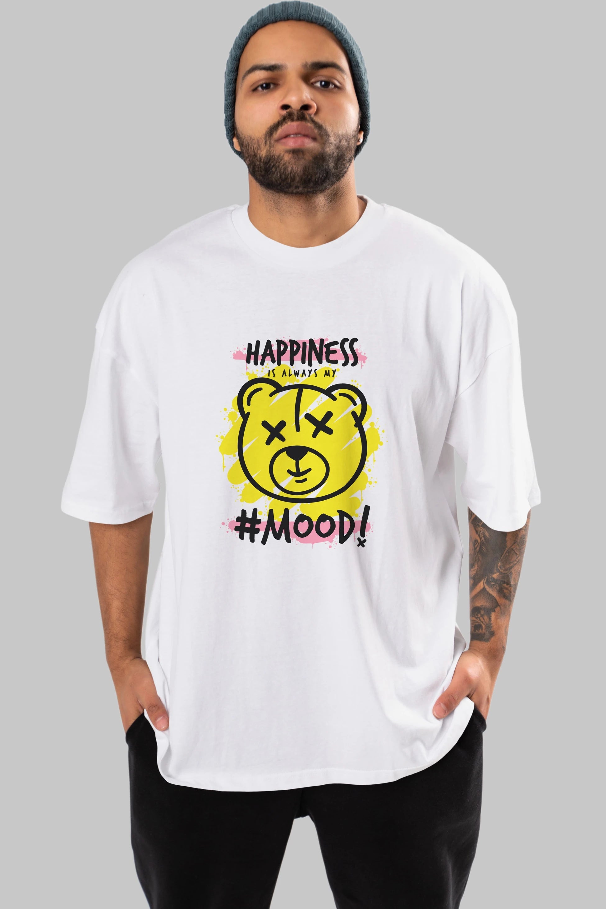 Happiness Mood Bear Ön Baskılı Oversize t-shirt Erkek Kadın Unisex