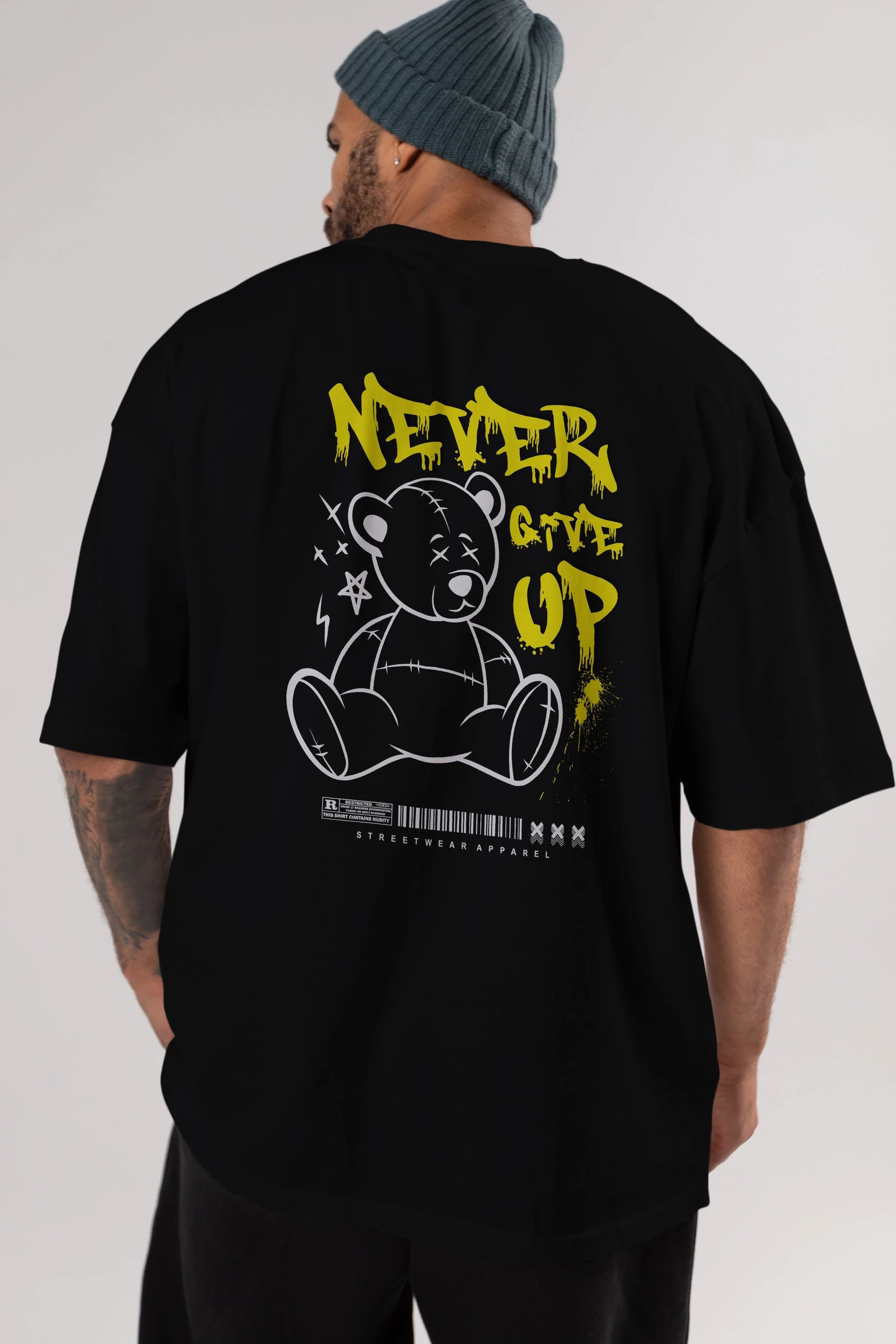 Teddy Bear Never Give Up Arka Baskılı Oversize t-shirt Erkek Kadın Unisex