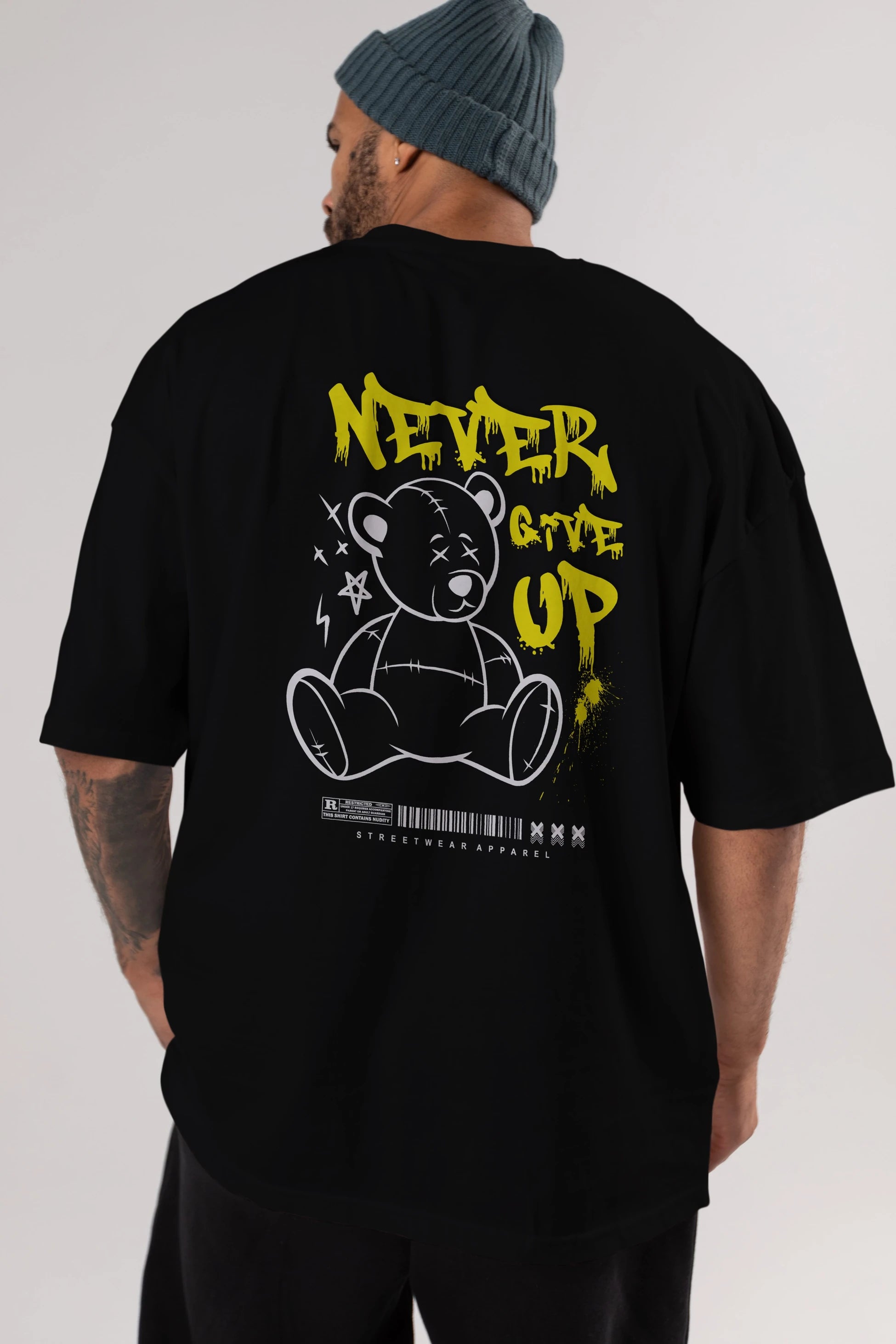 Teddy Bear Never Give Up Arka Baskılı Oversize t-shirt Erkek Kadın Unisex