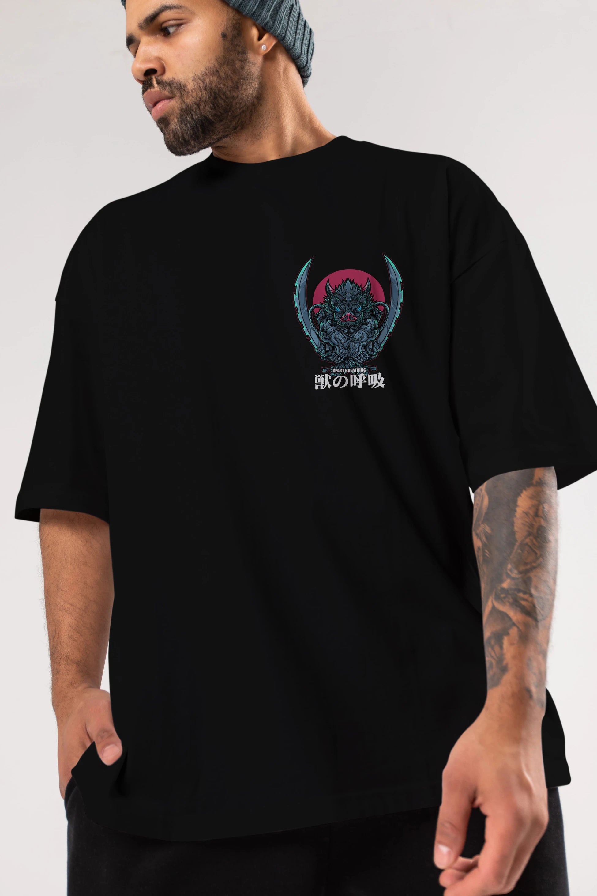 Inosuke DEMON SLAYER Ön Sol Baskılı Oversize t-shirt Erkek Kadın Unisex %100 Pamuk Bisiklet Yaka tişort