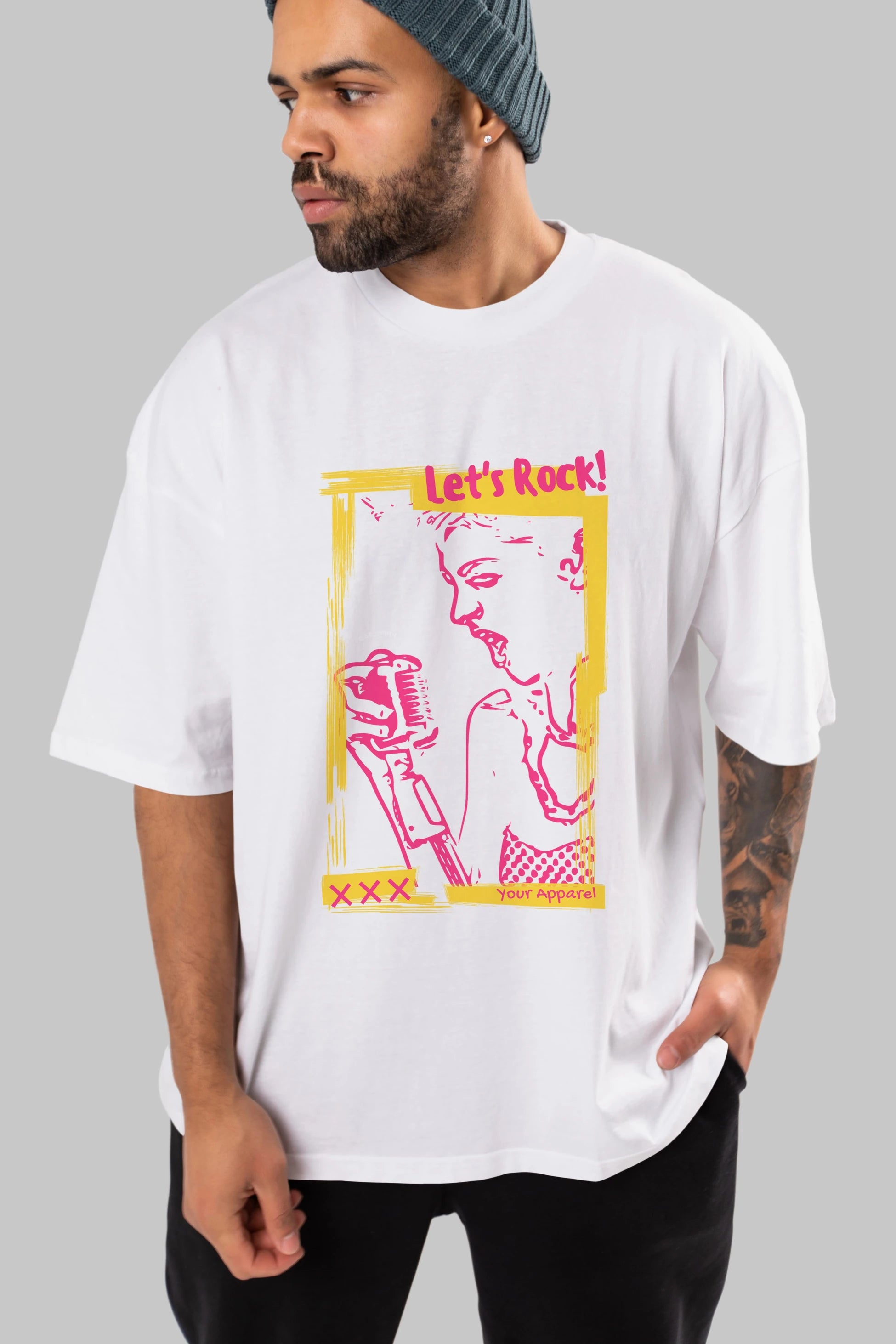 Let's Rock Yazılı Ön Baskılı Oversize t-shirt Erkek Kadın Unisex
