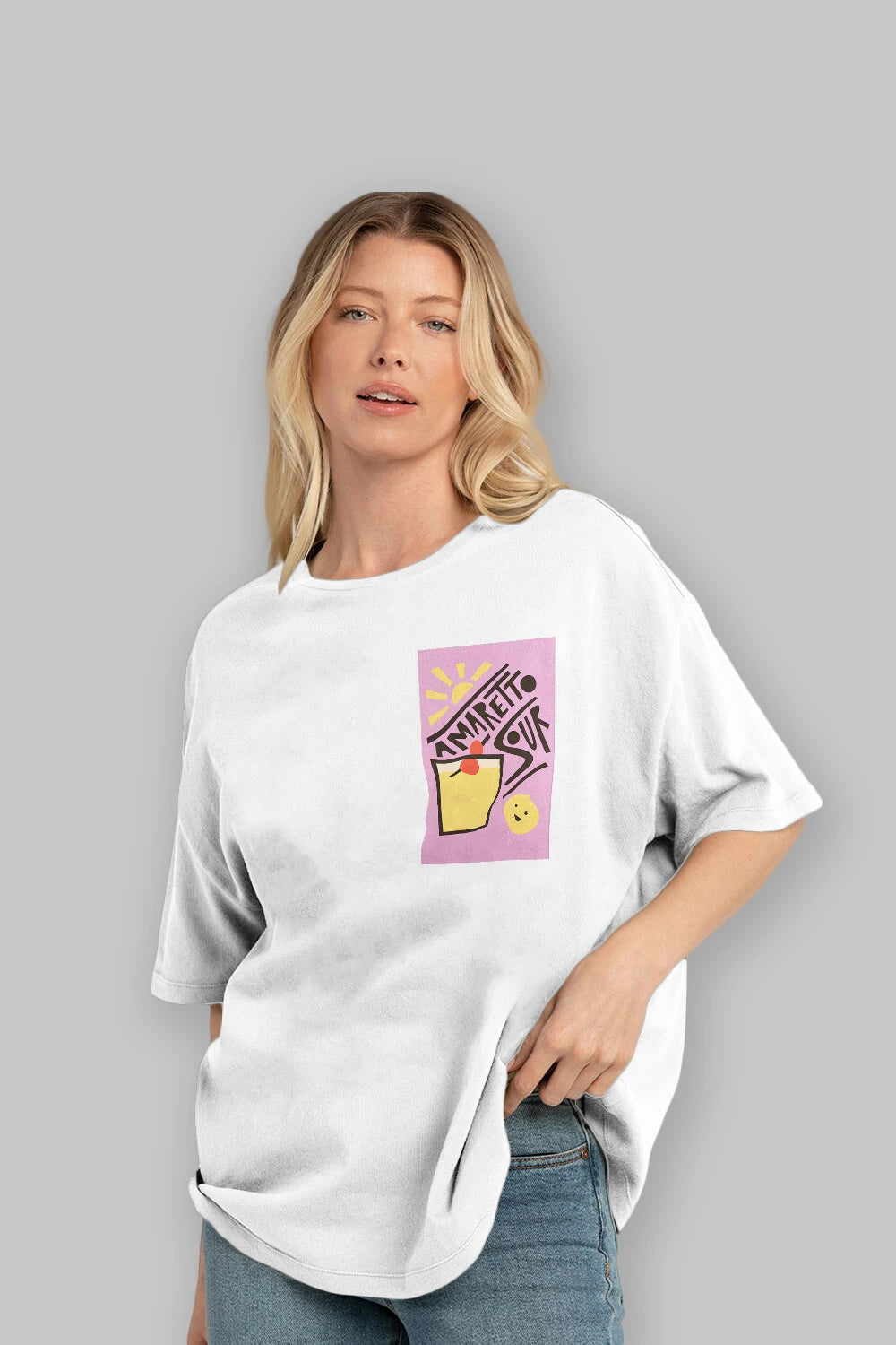 Amaretto Sour Ön Sol Baskılı Oversize t-shirt Erkek Kadın Unisex %100 Pamuk Bisiklet Yaka tişort