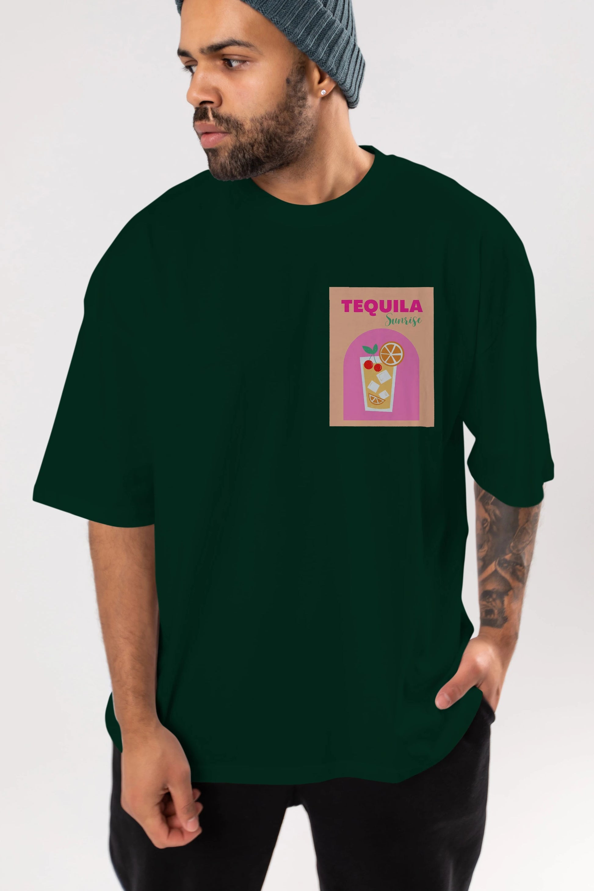 Tequila Sunrise 2 Ön Sol Baskılı Oversize t-shirt Erkek Kadın Unisex %100 Pamuk Bisiklet Yaka tişort
