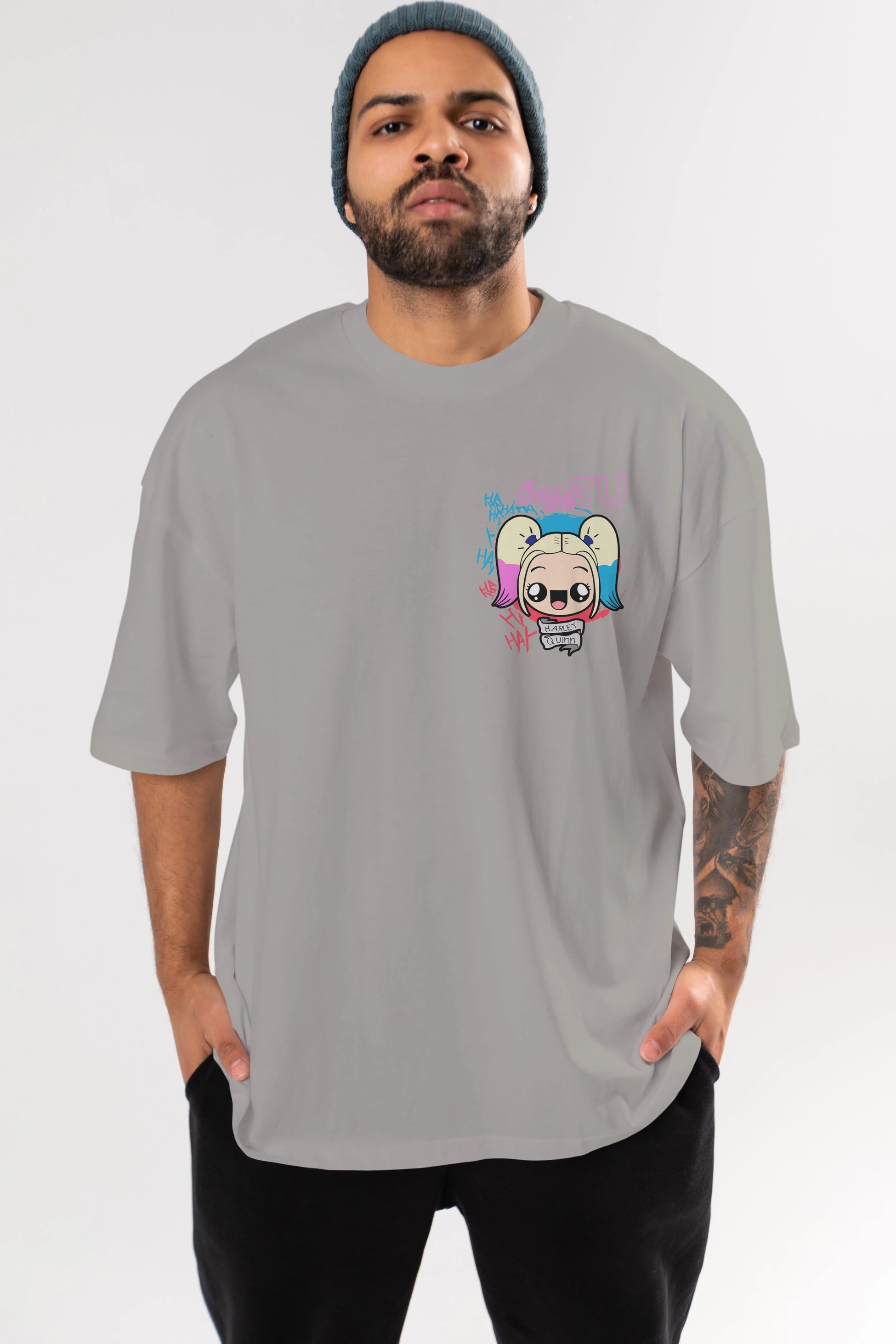 Harley Quinn Ön Sol Baskılı Oversize t-shirt Erkek Kadın Unisex %100 Pamuk Bisiklet Yaka tişort