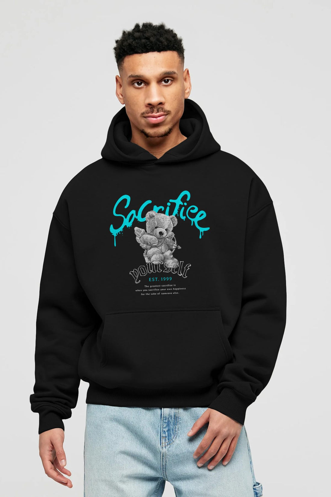 Sacrifice Yourself Bear Ön Baskılı Hoodie Oversize Kapüşonlu Sweatshirt Erkek Kadın Unisex