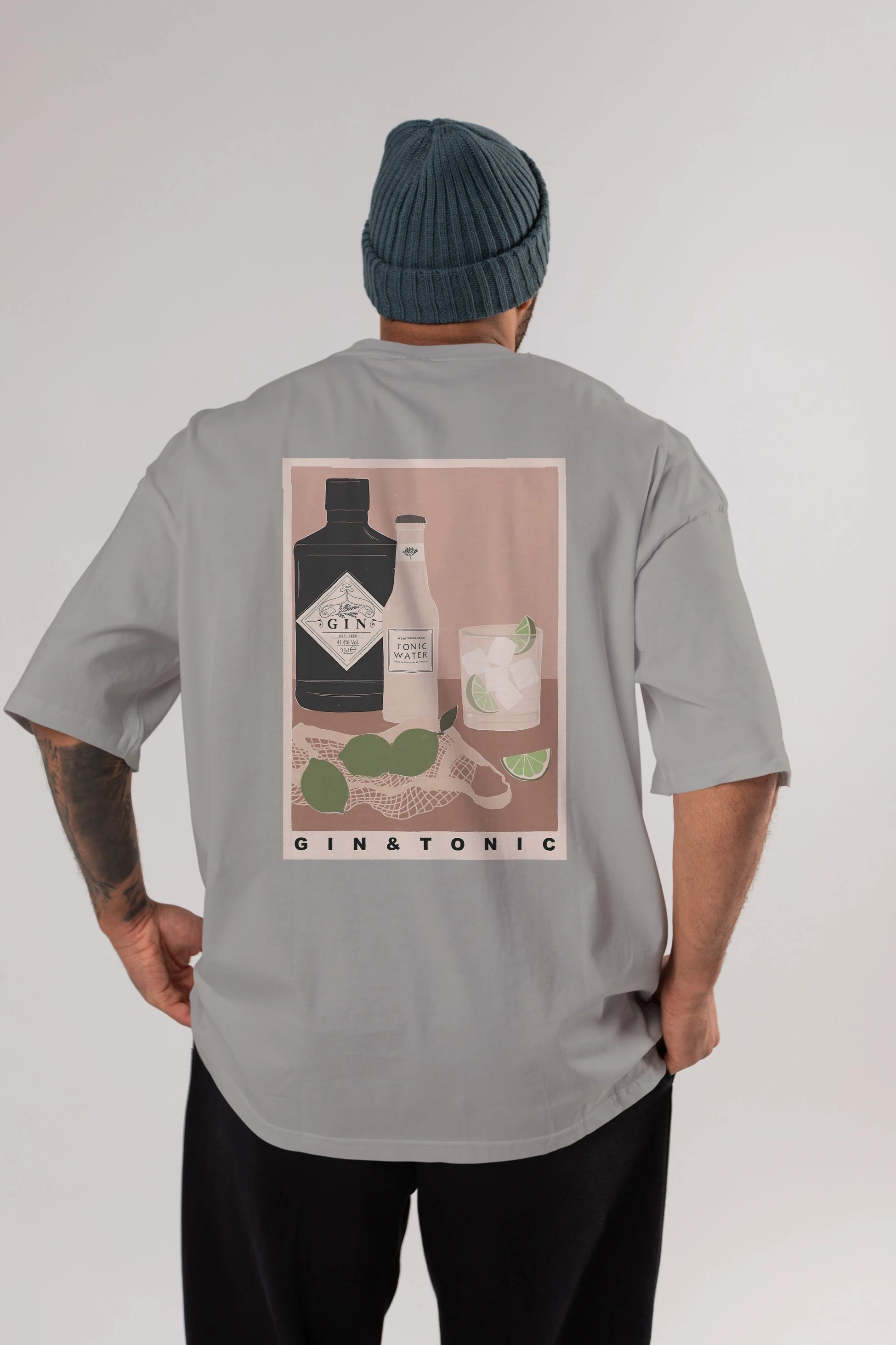Gin Tonic Arka Baskılı Oversize t-shirt Erkek Kadın Unisex %100 Pamuk Bisiklet Yaka tişort
