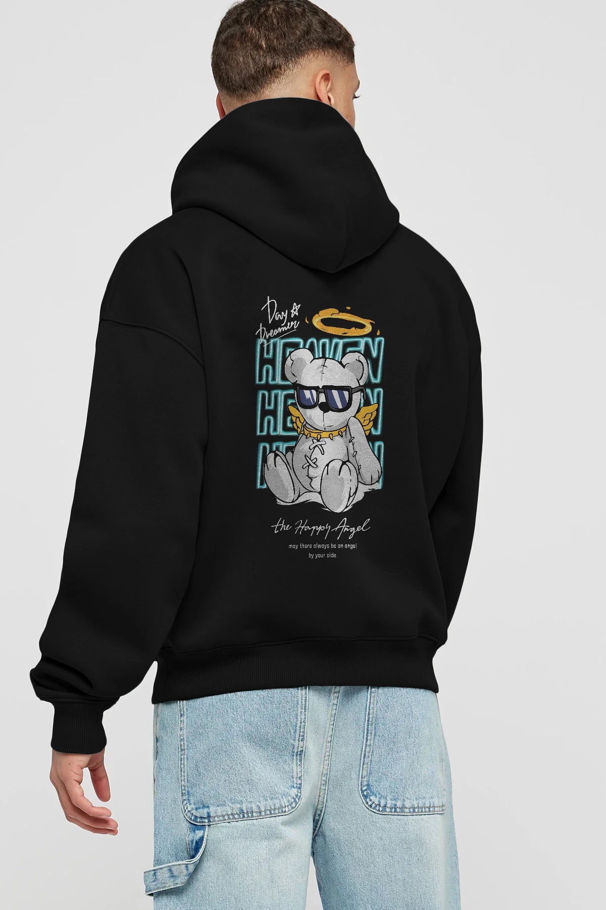 Heaven Bear Arka Baskılı Hoodie Oversize Kapüşonlu Sweatshirt Erkek Kadın Unisex