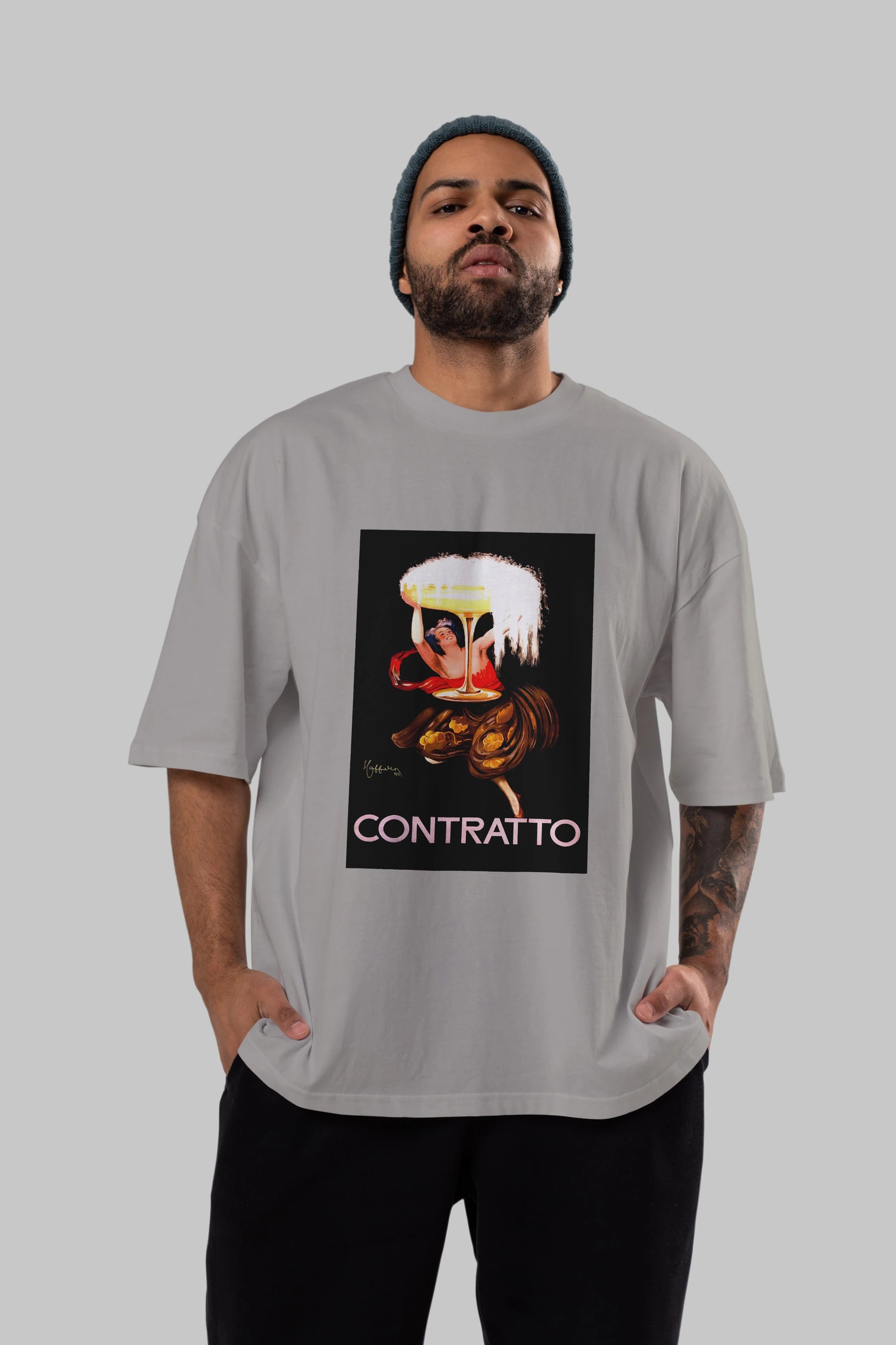 Contratto Ön Baskılı Oversize t-shirt Erkek Kadın Unisex %100 Pamuk Bisiklet Yaka tişort