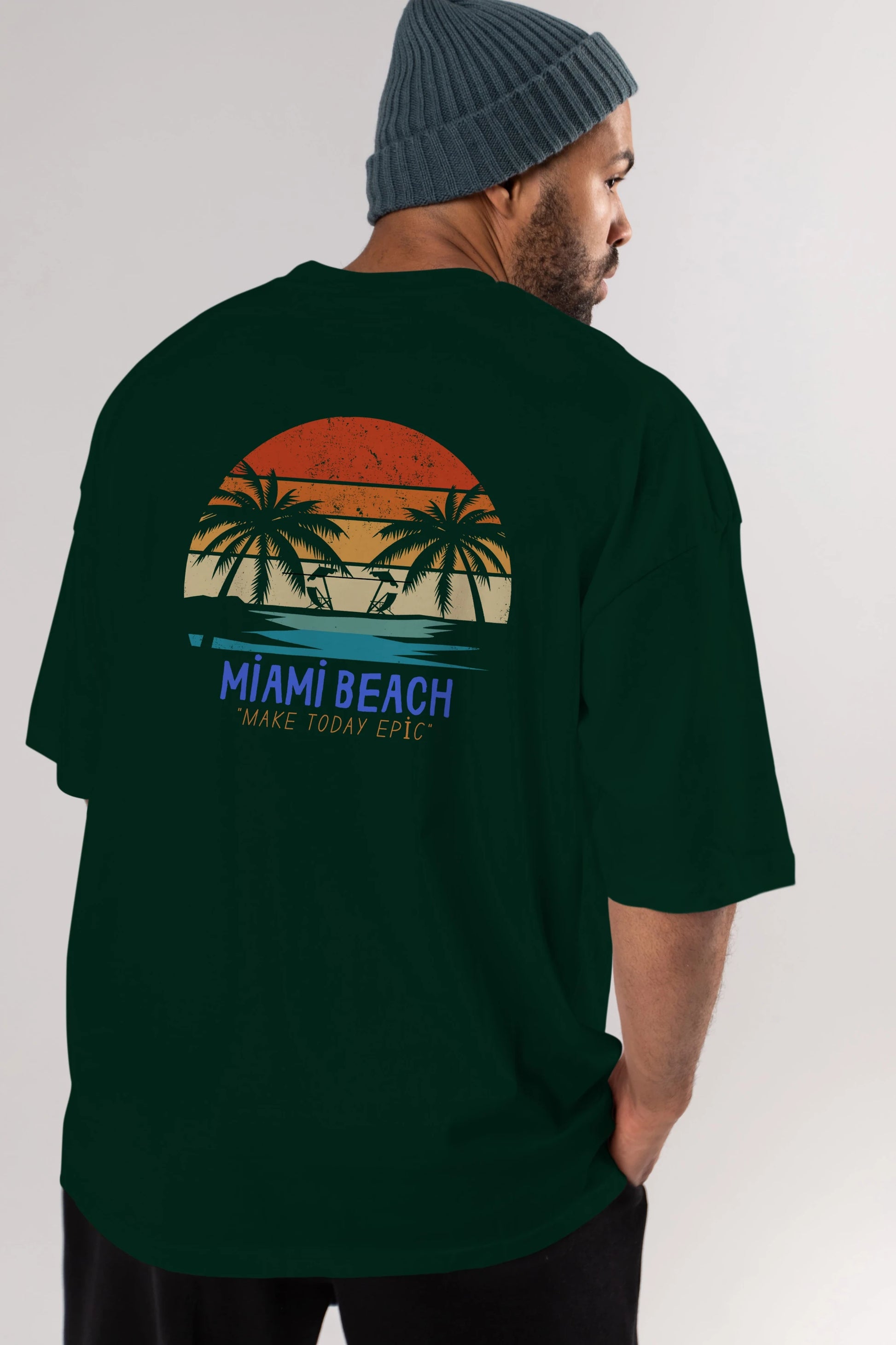 Miami Beach Yazılı Arka Baskılı Oversize t-shirt Erkek Kadın Unisex