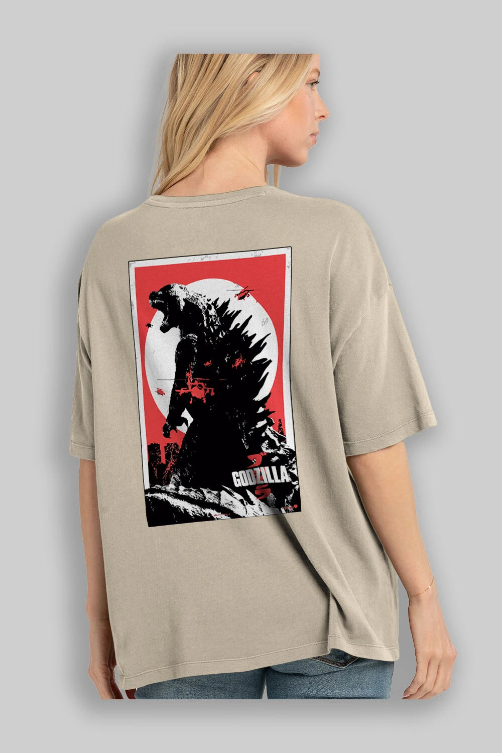 Godzilla (2) Arka Baskılı Oversize t-shirt Erkek Kadın Unisex %100 Pamuk Bisiklet Yaka tişort