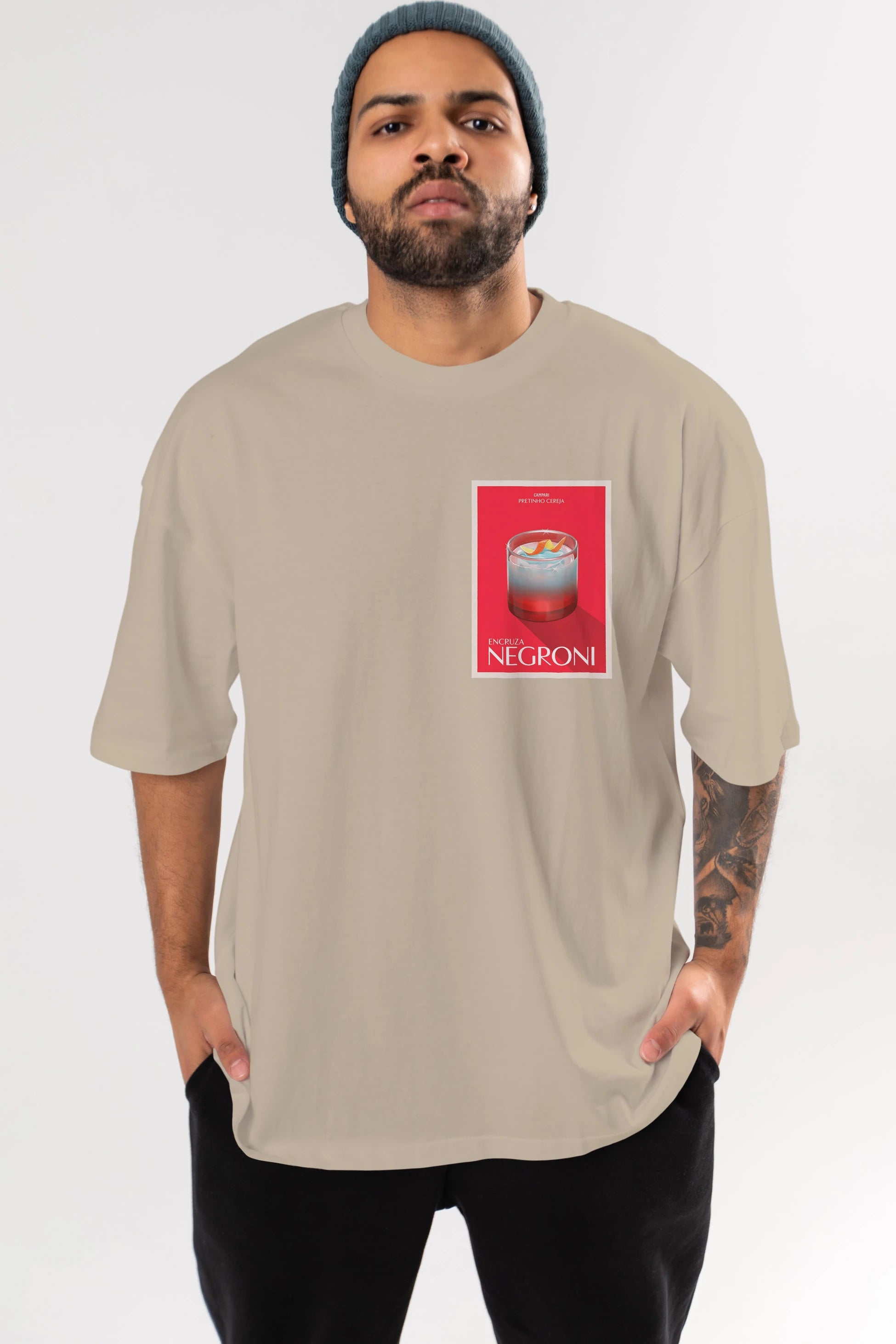 Encruza Negroni Ön Sol Baskılı Oversize t-shirt Erkek Kadın Unisex %100 Pamuk Bisiklet Yaka tişort