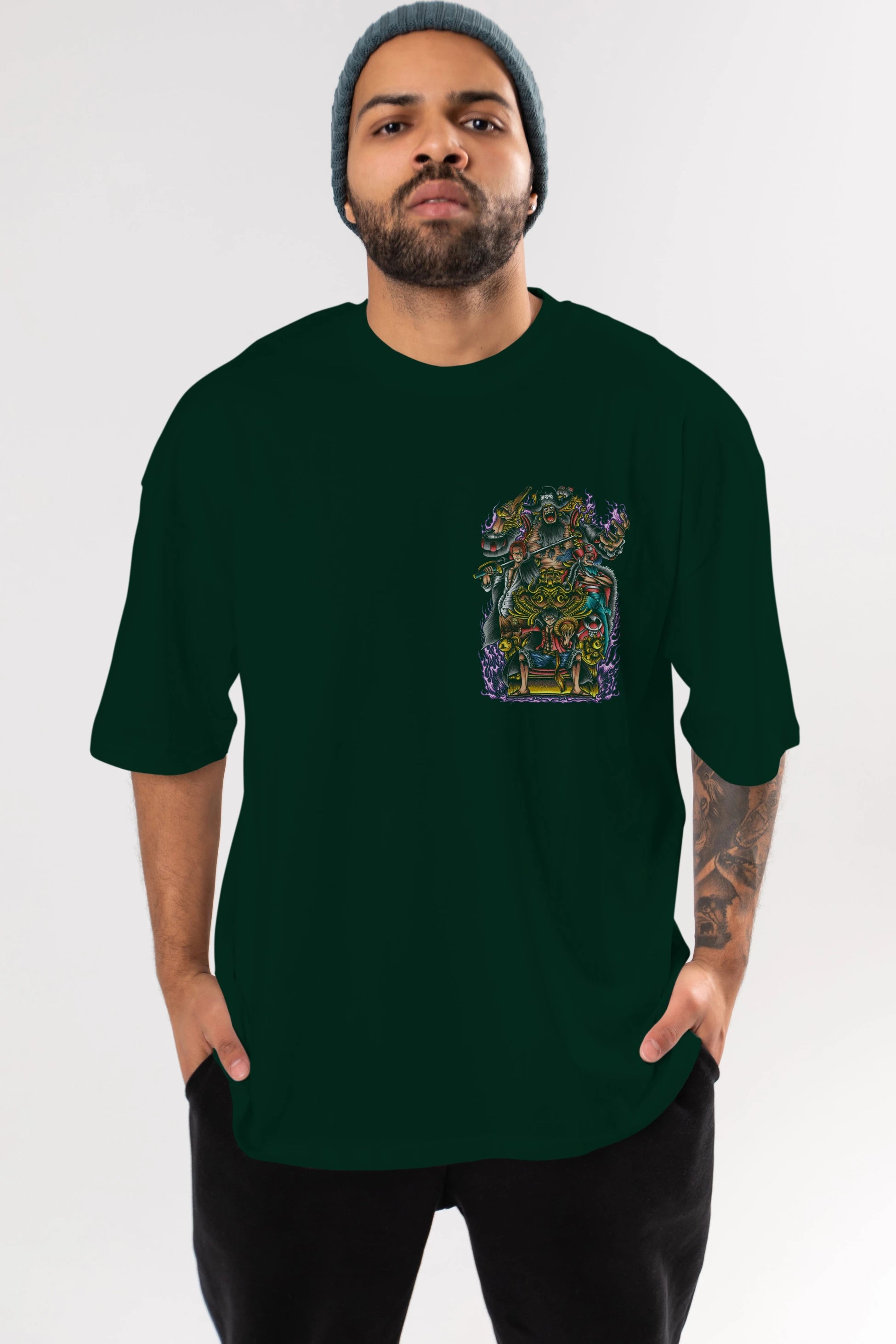 ONE PIECE (8) Ön Sol Baskılı Oversize t-shirt Erkek Kadın Unisex %100 Pamuk Bisiklet Yaka tişort