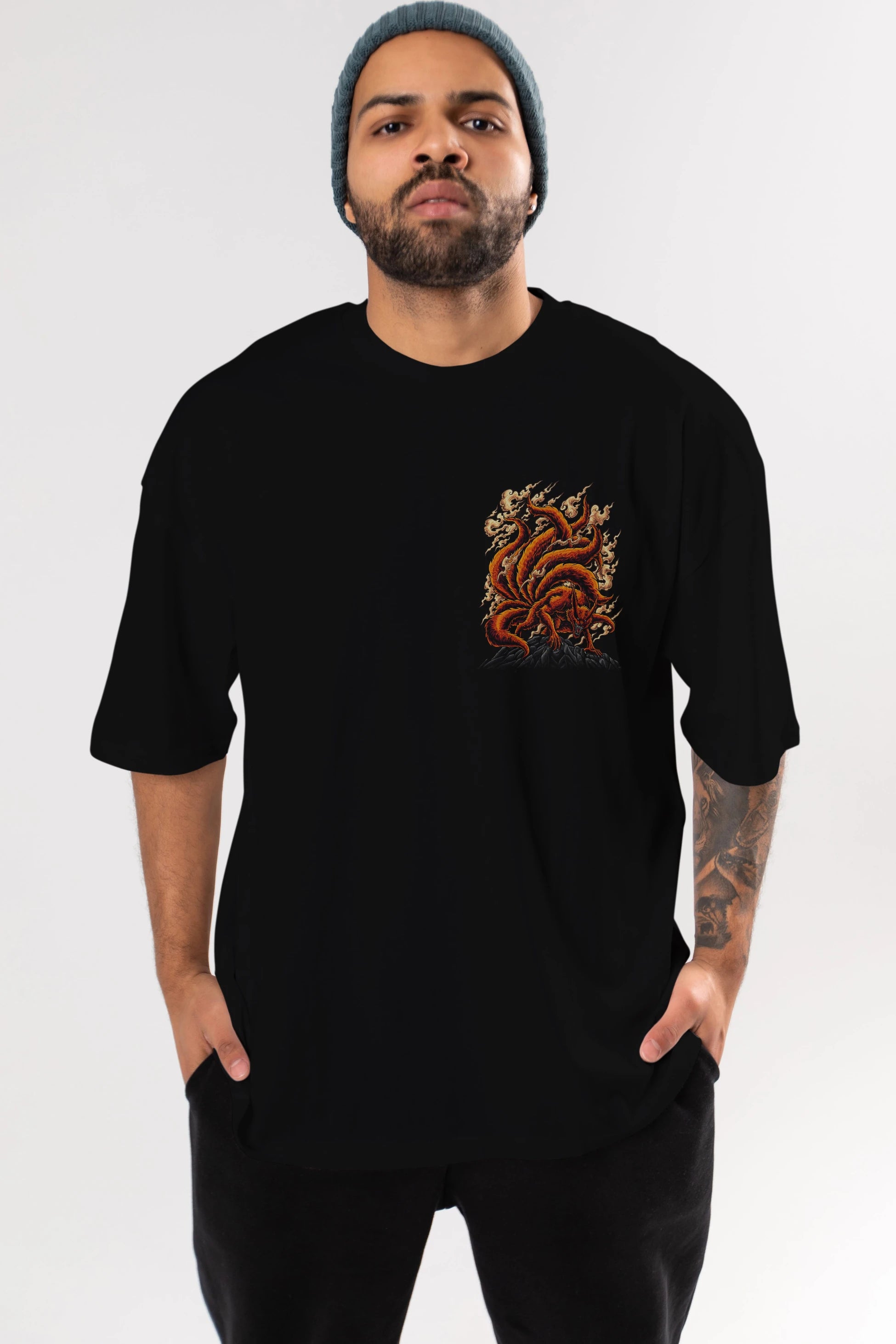 NARUTO KYUUBI Ön Sol Baskılı Oversize t-shirt Erkek Kadın Unisex %100 Pamuk Bisiklet Yaka tişort