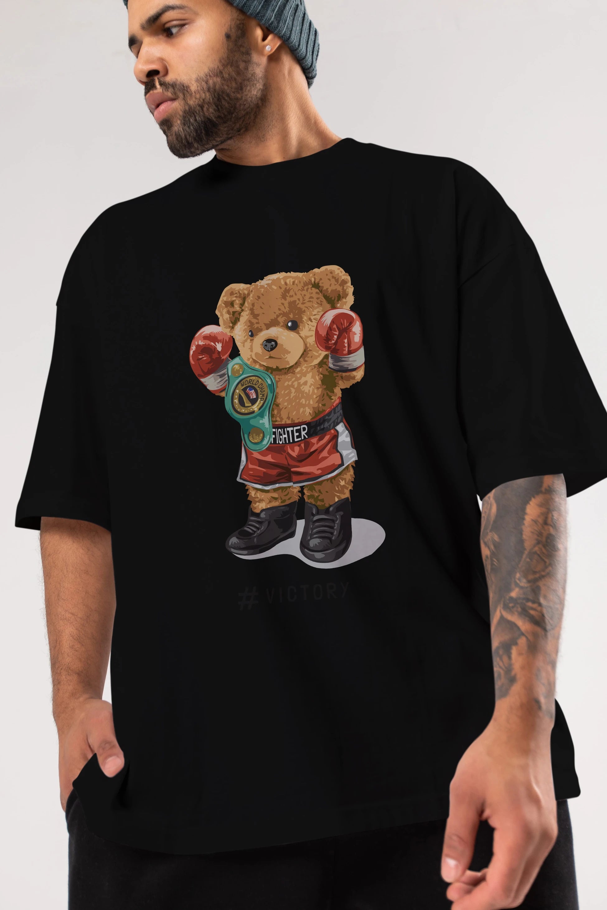 Teddy Bear Victory Ön Baskılı Oversize t-shirt Erkek Kadın Unisex %100 Pamuk