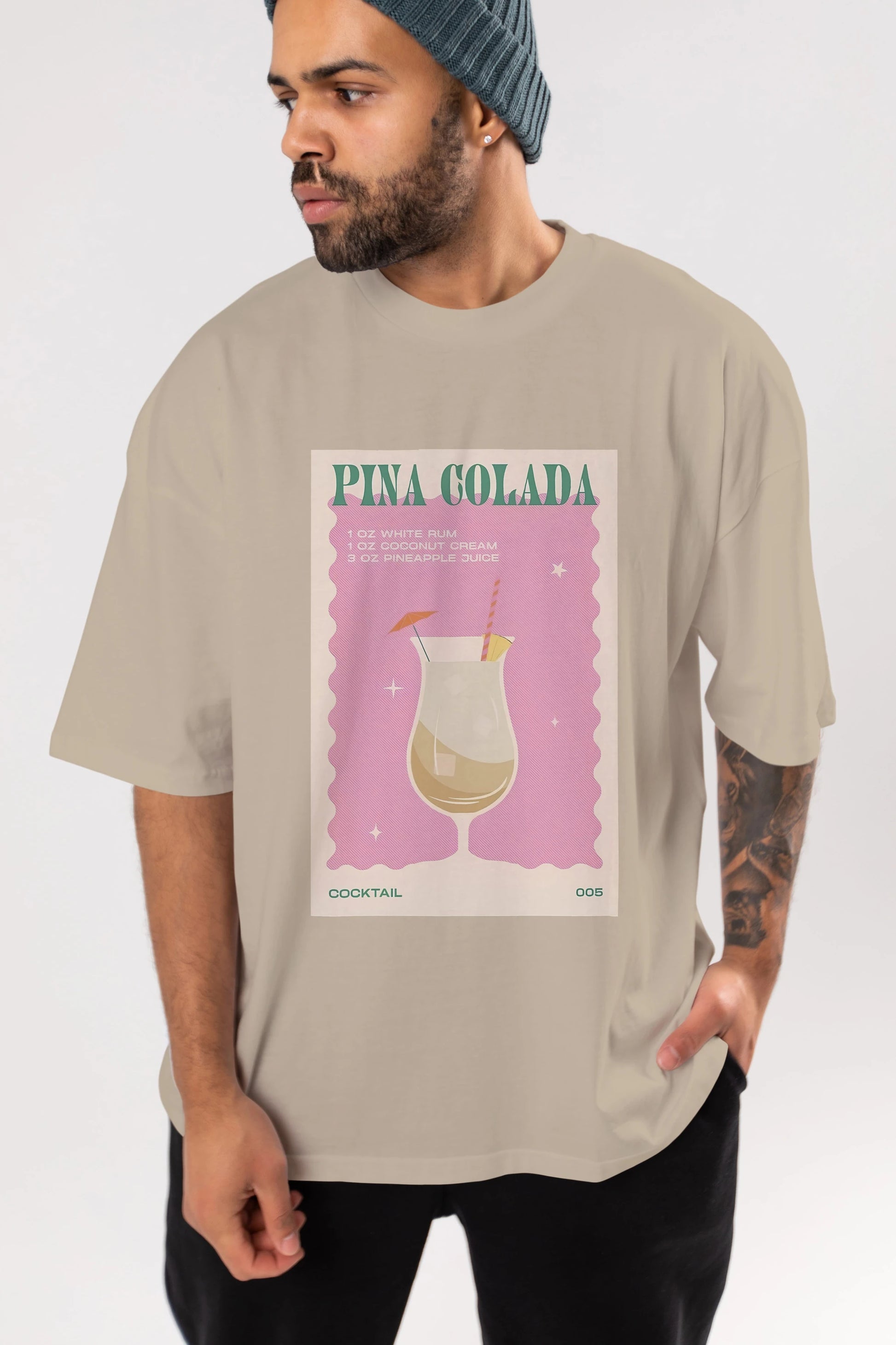 Pina Colada 3 Ön Baskılı Oversize t-shirt Erkek Kadın Unisex %100 Pamuk Bisiklet Yaka tişort