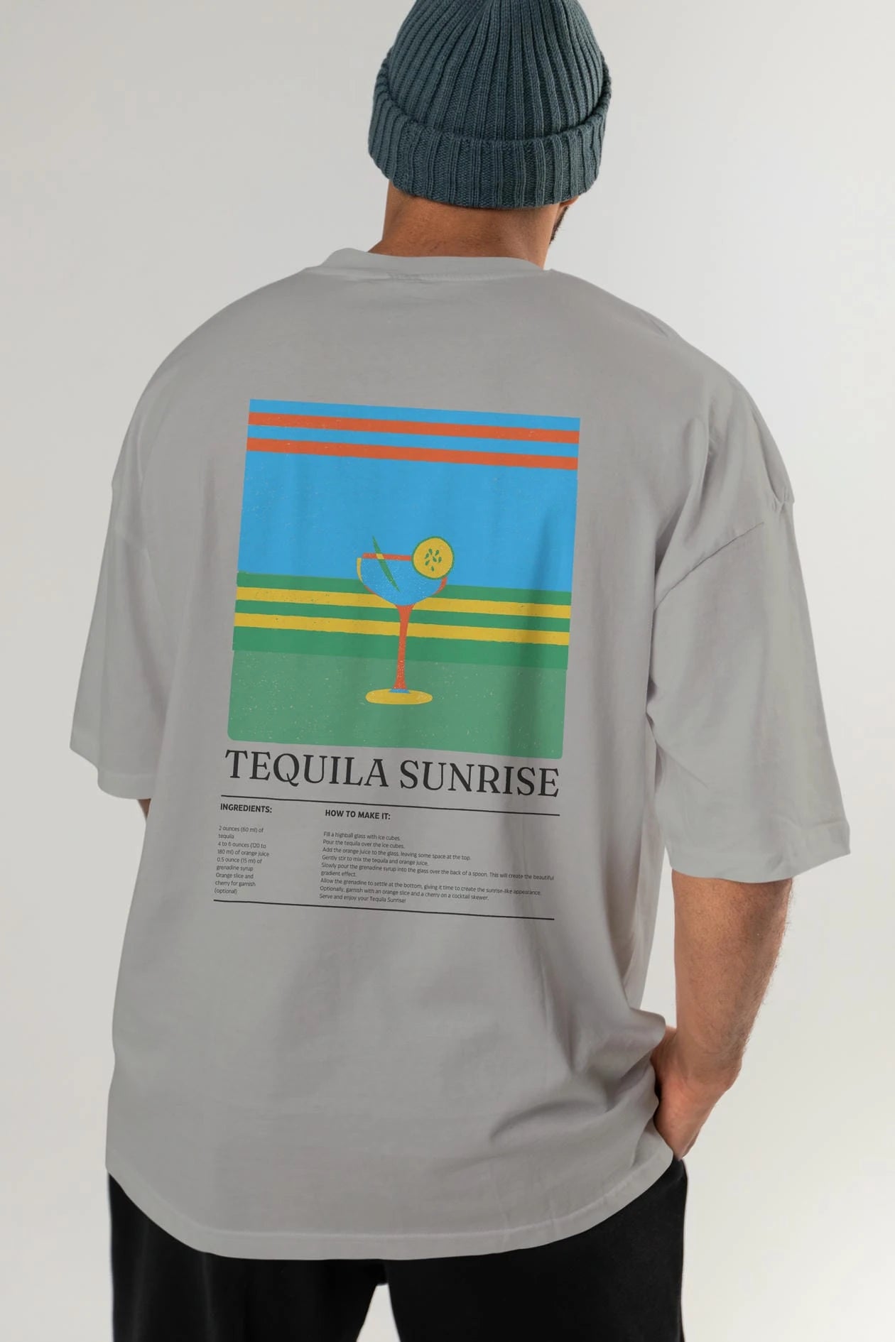 Tequila Sunrise Kokteyl Serisi Arka Baskılı Oversize t-shirt Erkek Kadın %100 Pamuk Bisiklet Yaka tişort
