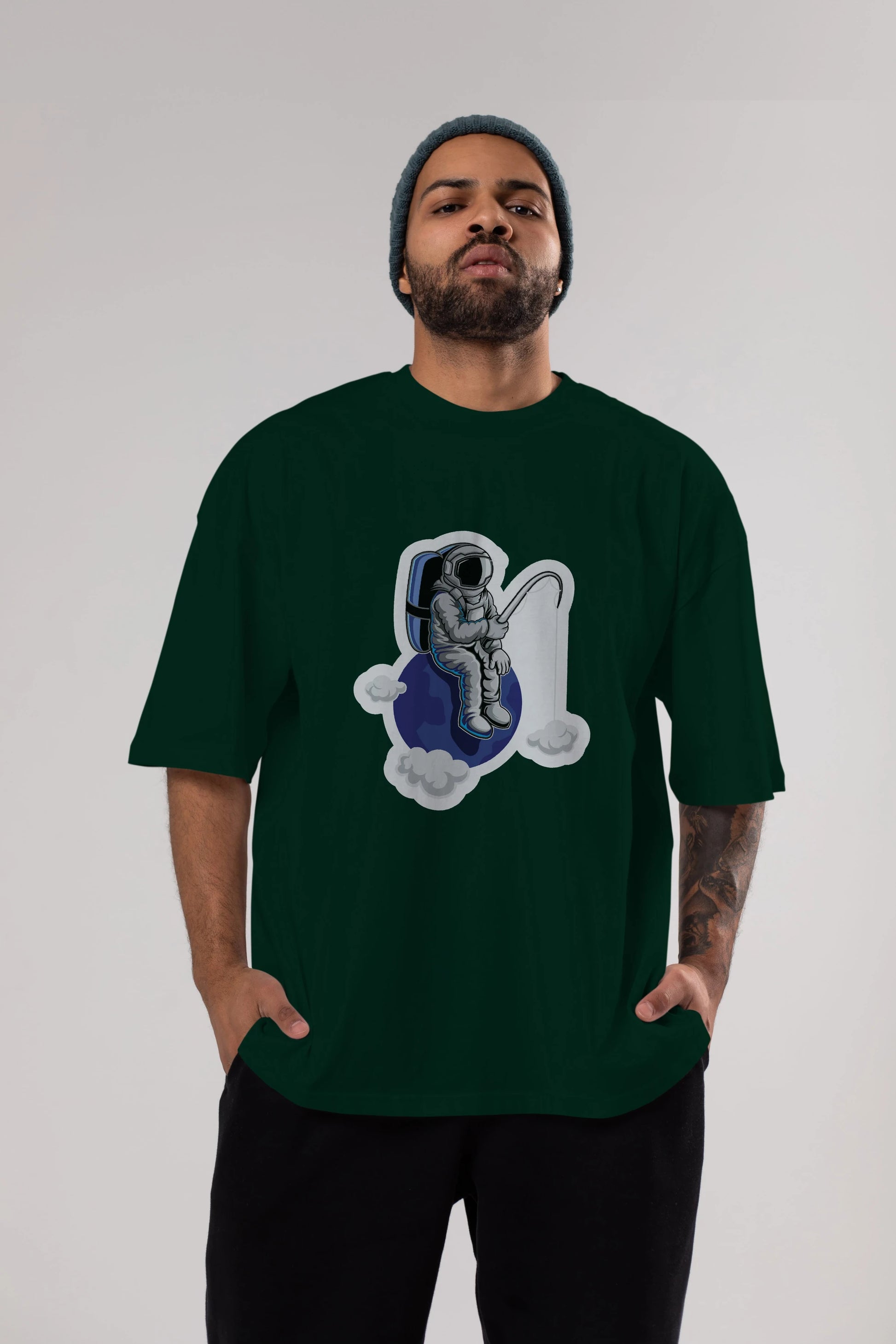 Astronaut Fishing Sticker Ön Baskılı Oversize t-shirt Erkek Kadın Unisex