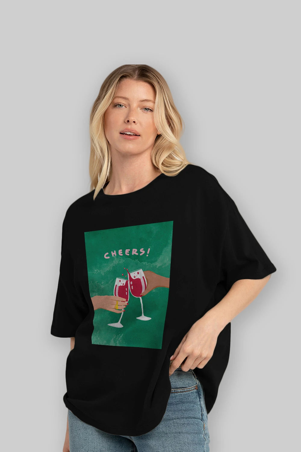 Cheers Ön Baskılı Oversize t-shirt Erkek Kadın Unisex %100 Pamuk Bisiklet Yaka tişort