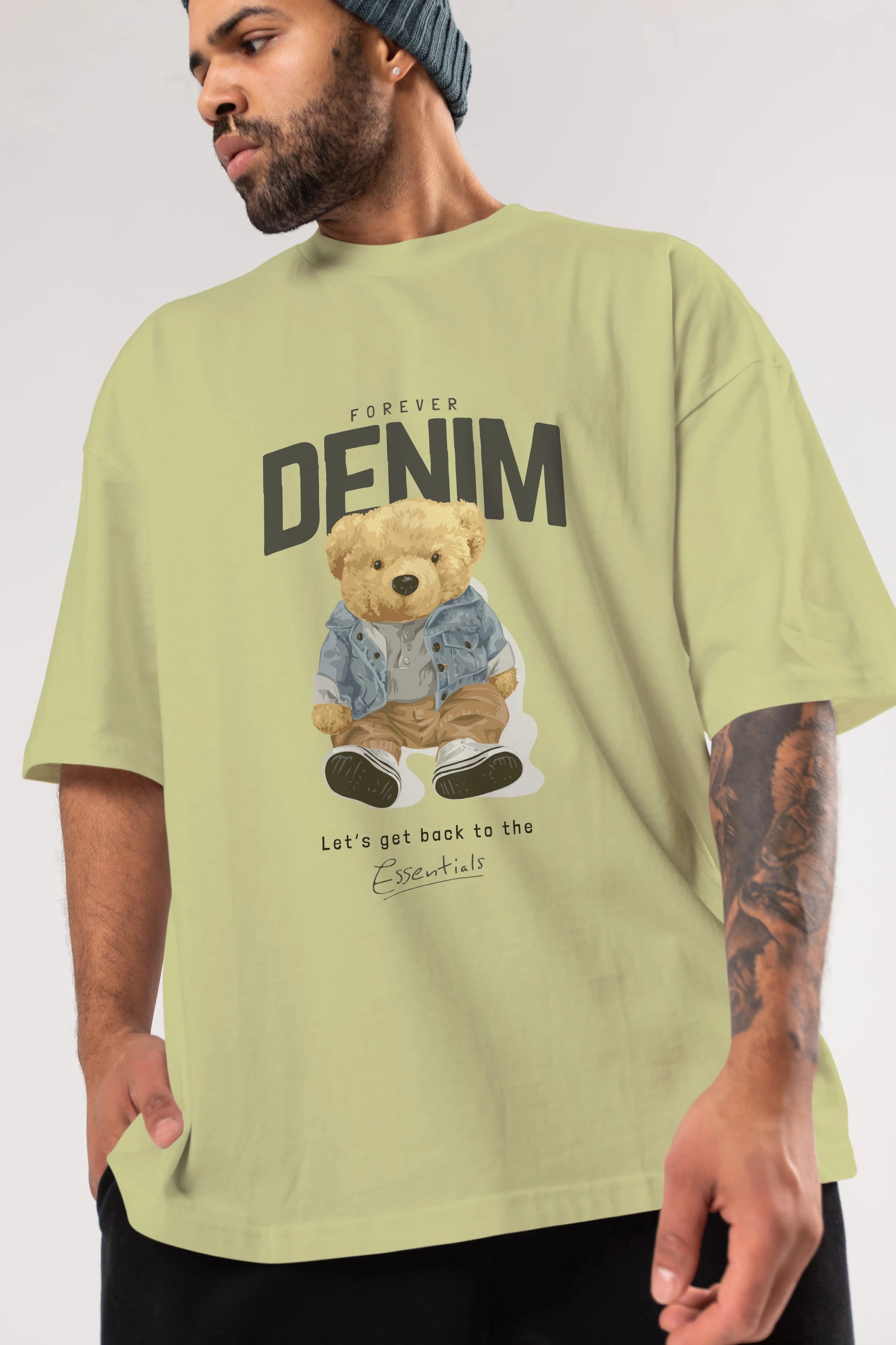 Teddy Bear Forever Denim Ön Baskılı Oversize t-shirt Erkek Kadın Unisex %100 Pamuk
