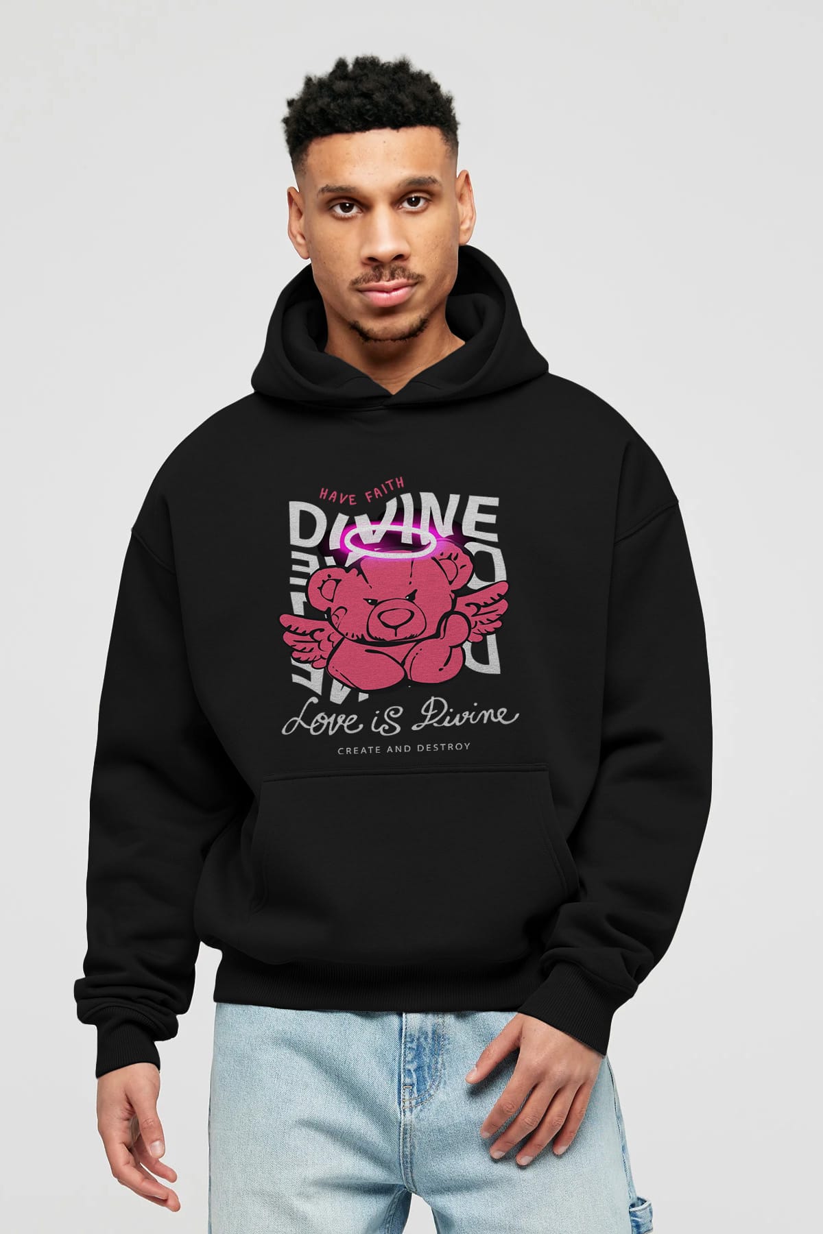 Love is Divine Bear Ön Baskılı Hoodie Oversize Kapüşonlu Sweatshirt Erkek Kadın Unisex