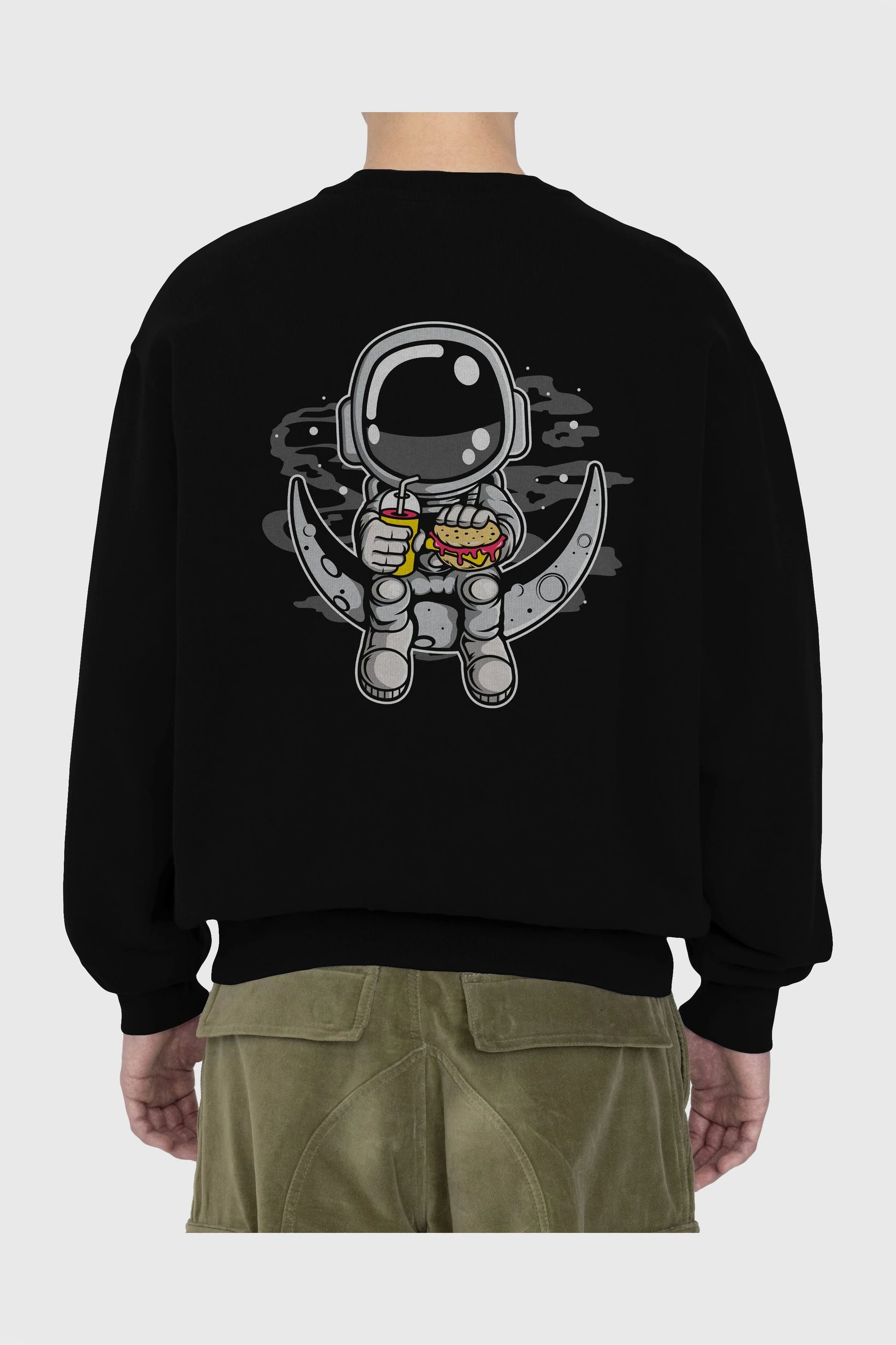 Astronaut Crescent Arka Baskılı Oversize Sweatshirt Erkek Kadın Unisex