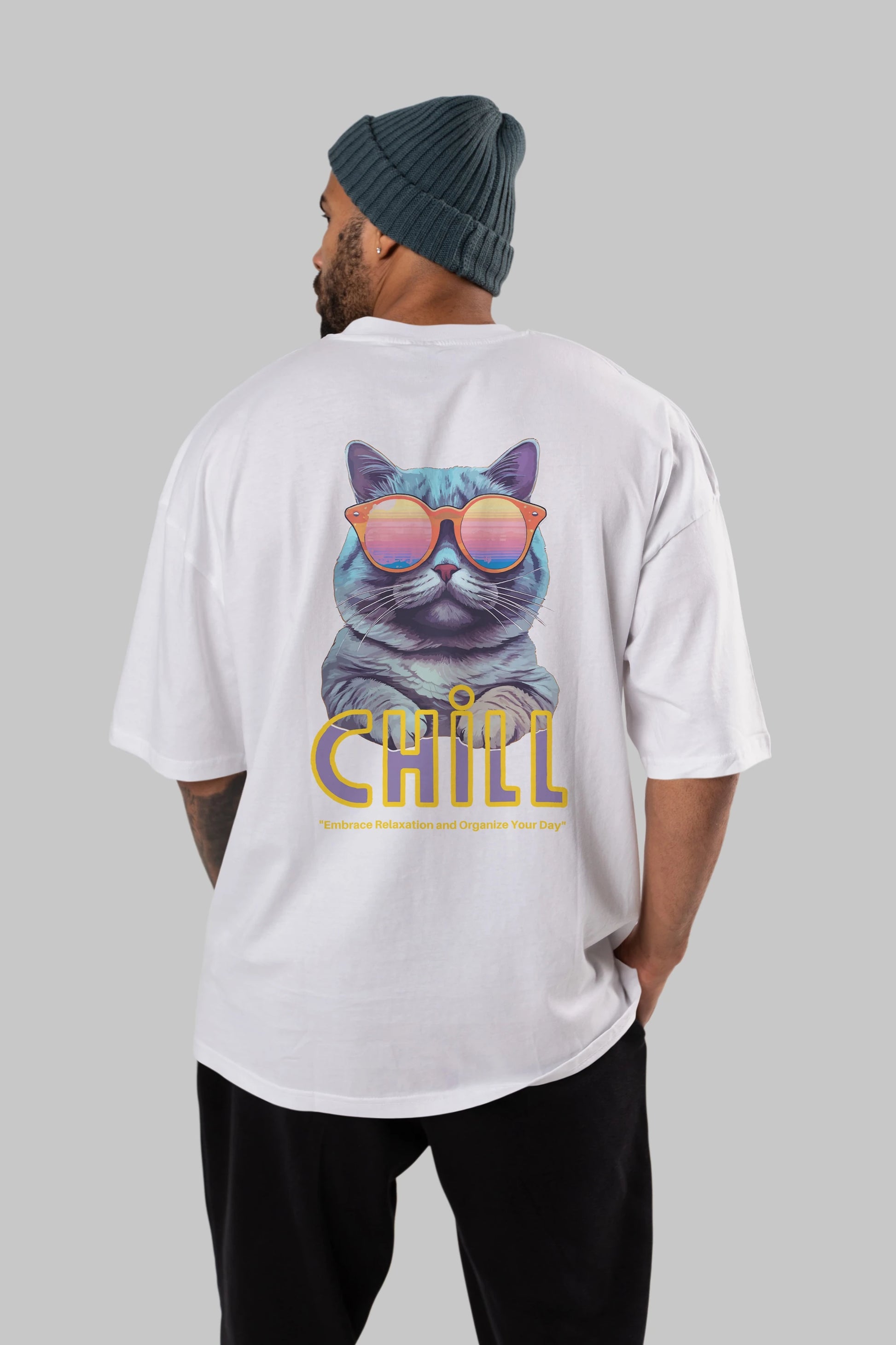 Chill Cat Arka Baskılı Oversize t-shirt Erkek Kadın Unisex