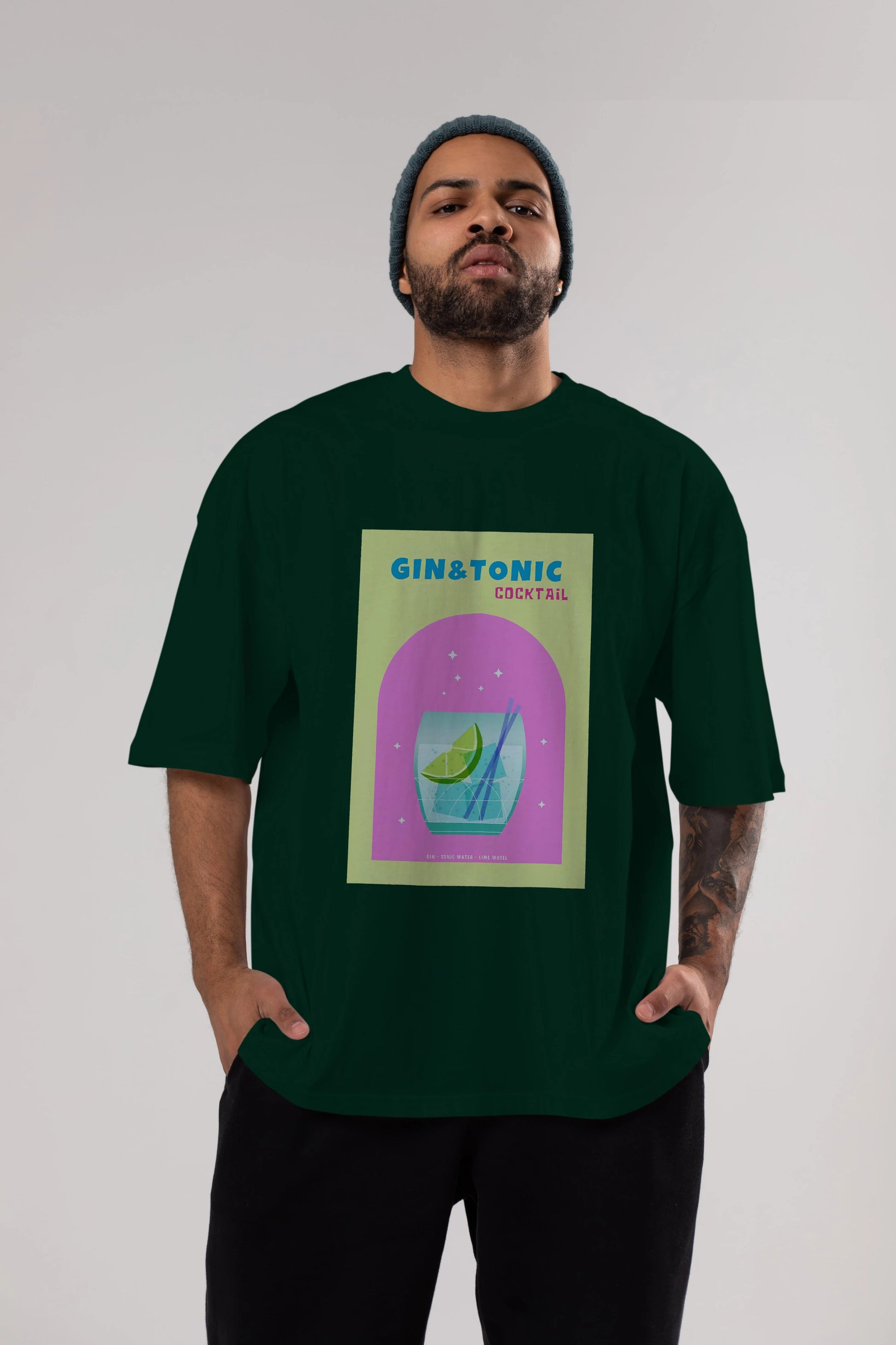Gin Tonic Cocktail Ön Baskılı Oversize t-shirt Erkek Kadın Unisex %100 Pamuk Bisiklet Yaka tişort