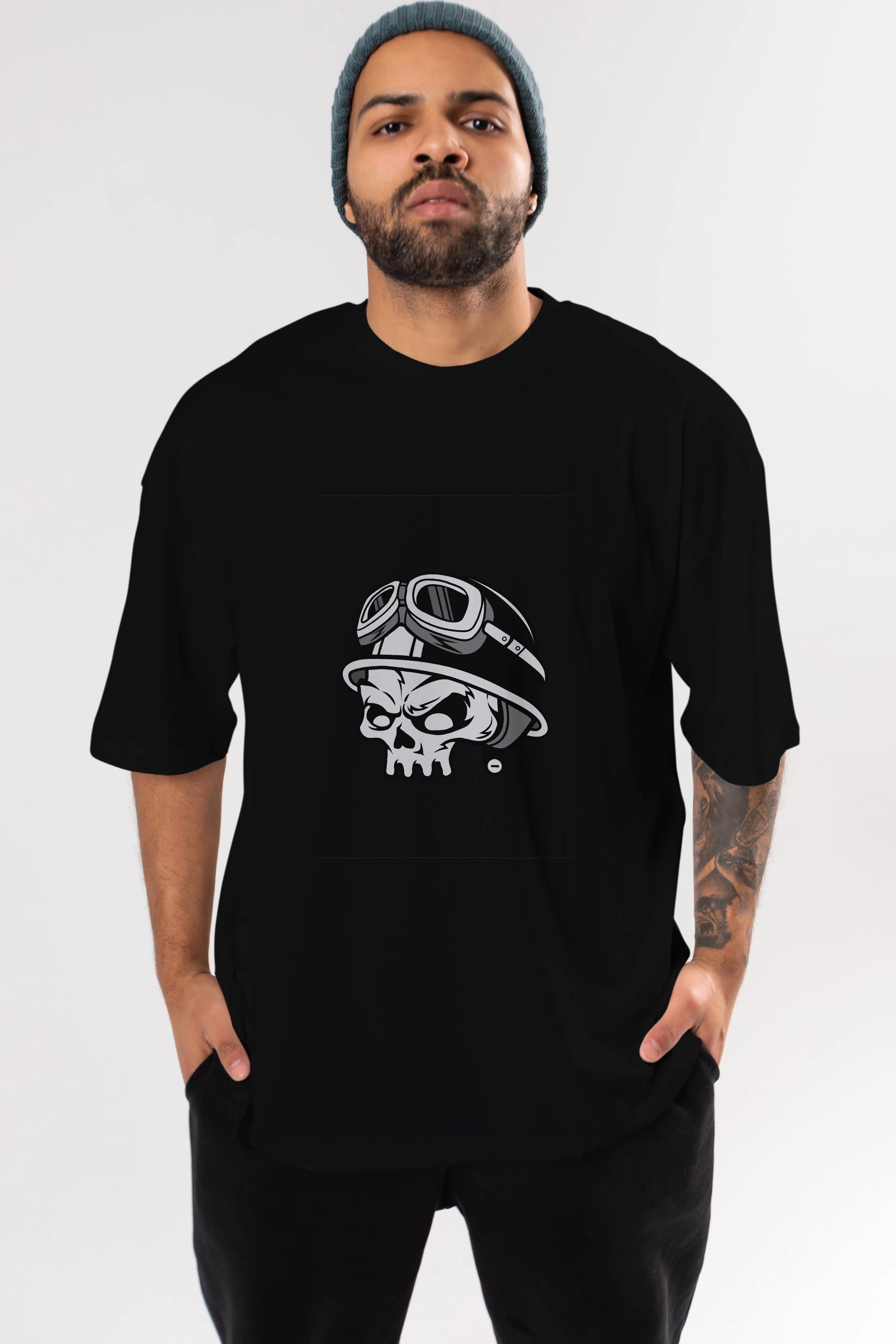 Biker Helmet Ön Baskılı Oversize t-shirt Erkek Kadın Unisex %100 Pamuk tişort