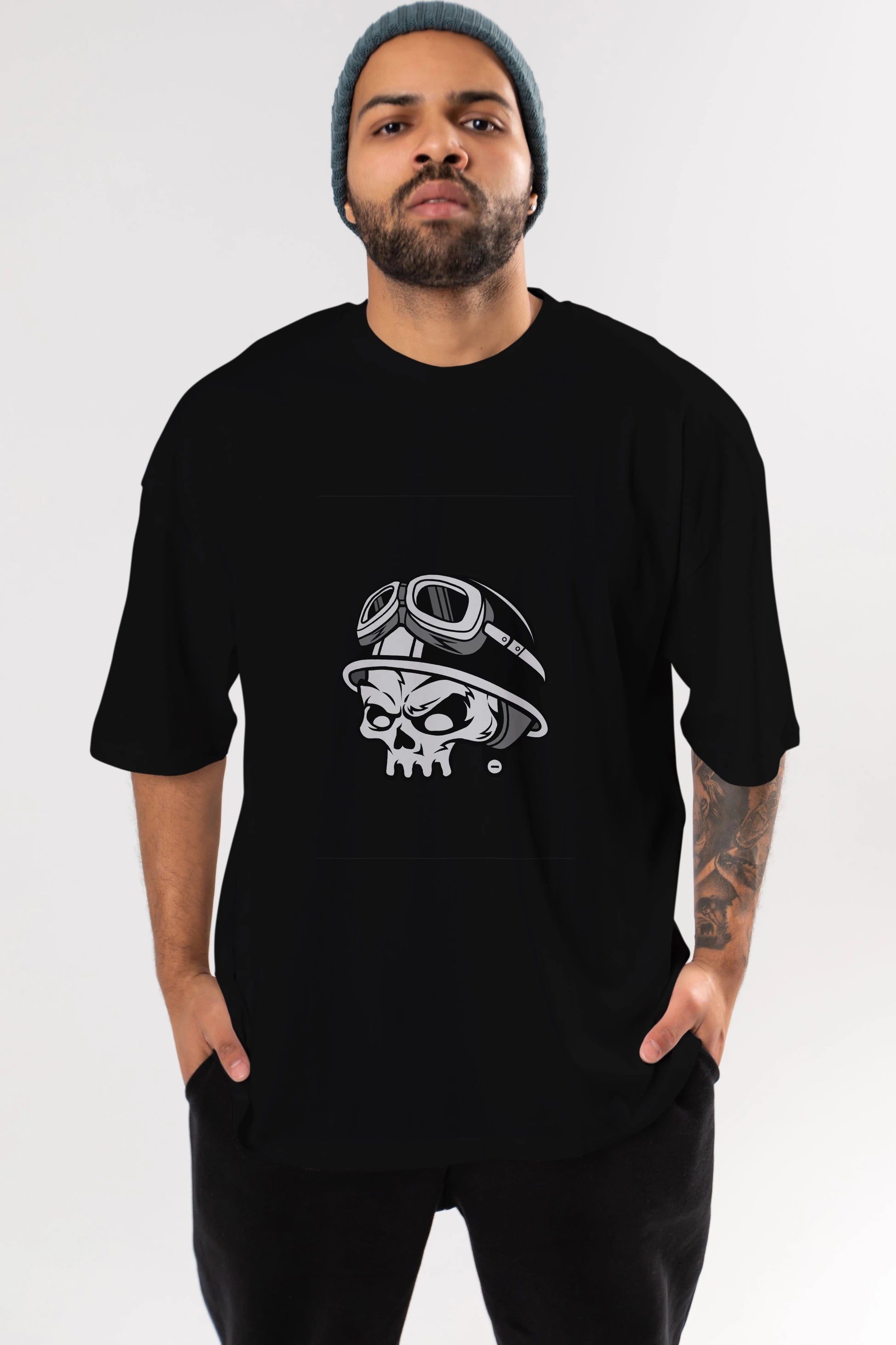 Biker Helmet Ön Baskılı Oversize t-shirt Erkek Kadın Unisex %100 Pamuk tişort