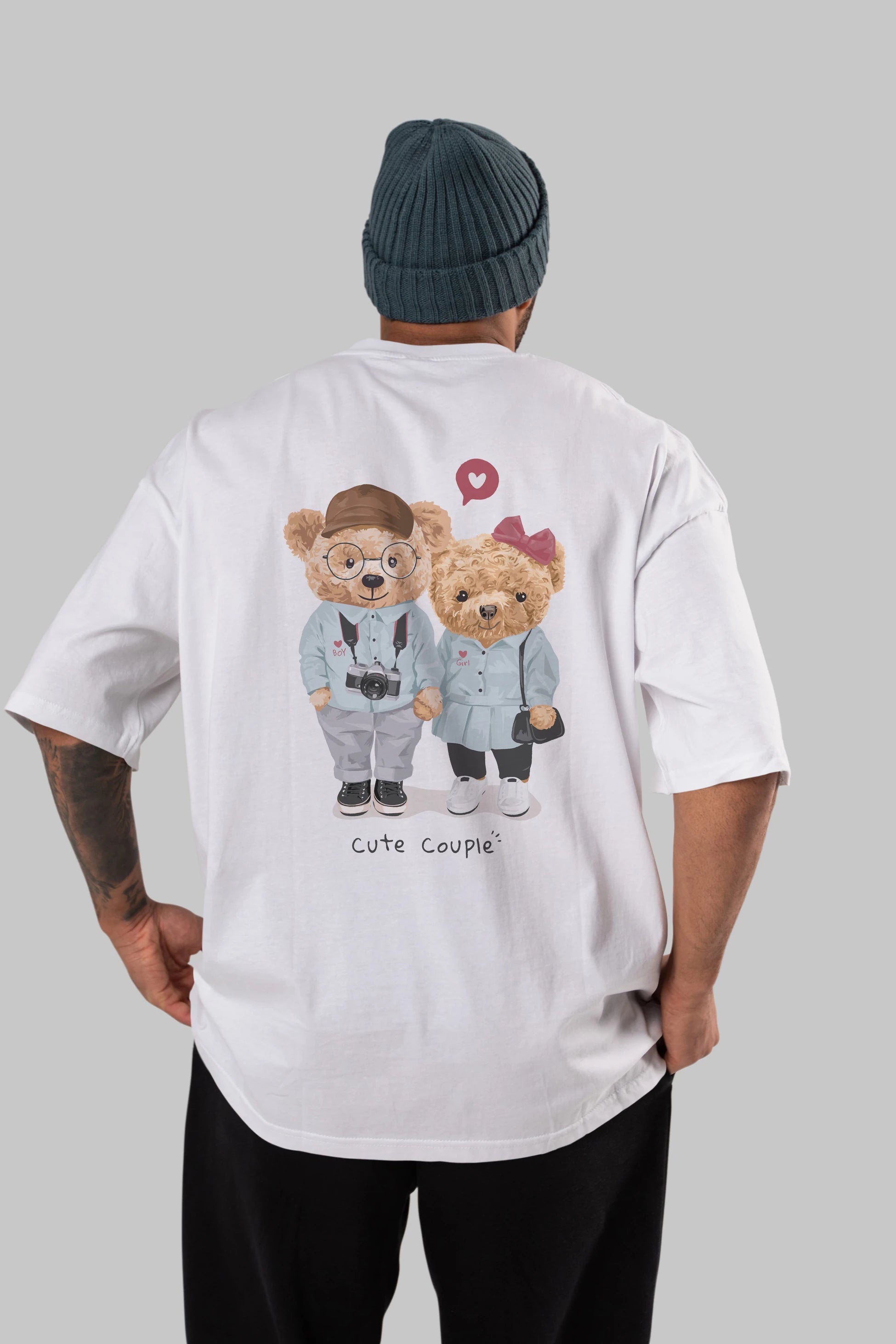 Teddy Bear Cute Couple Arka Baskılı Oversize t-shirt Erkek Kadın Unisex %100 Pamuk
