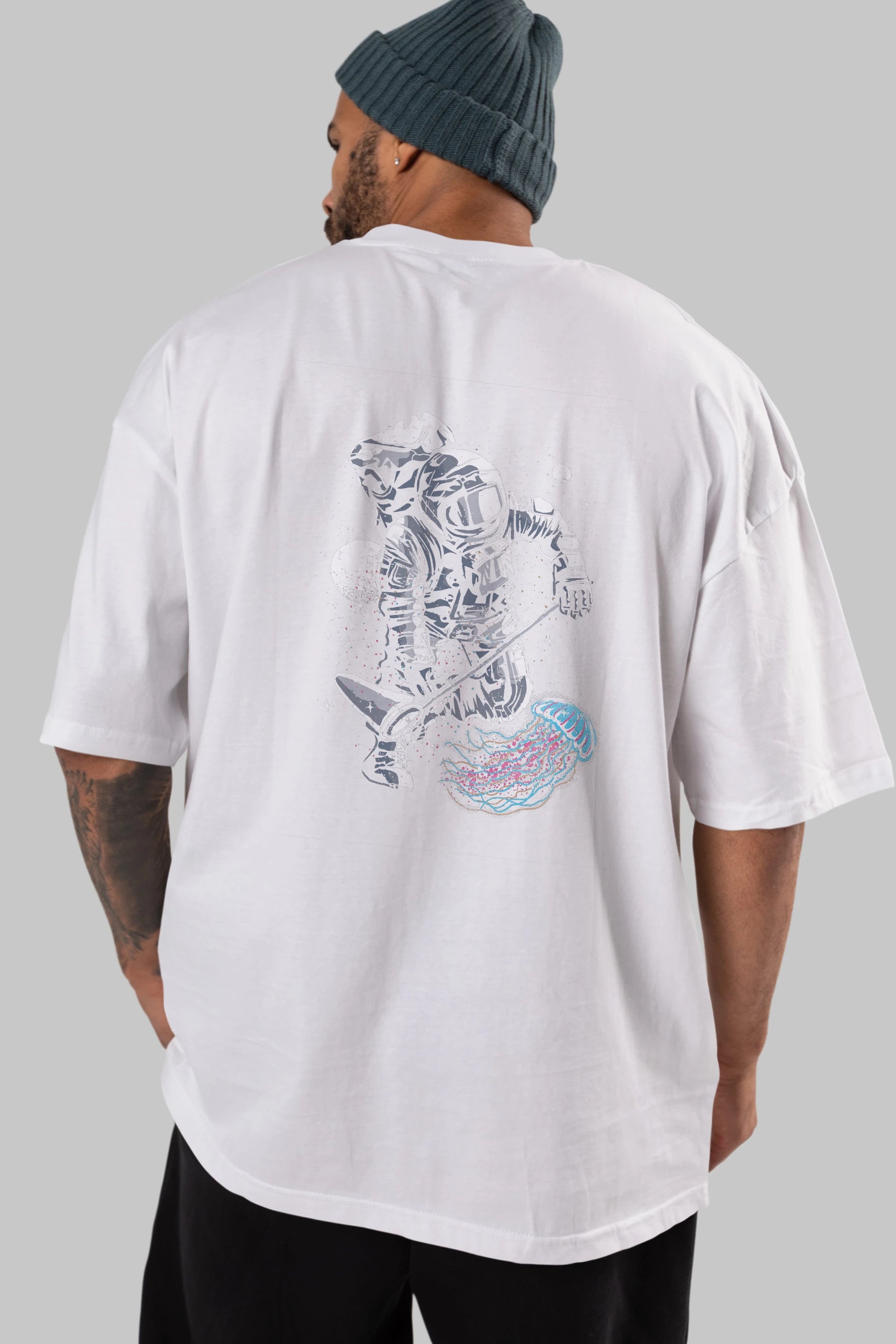 Astronaut Jellyfish Arka Baskılı Oversize t-shirt Erkek Kadın Unisex %100 Pamuk