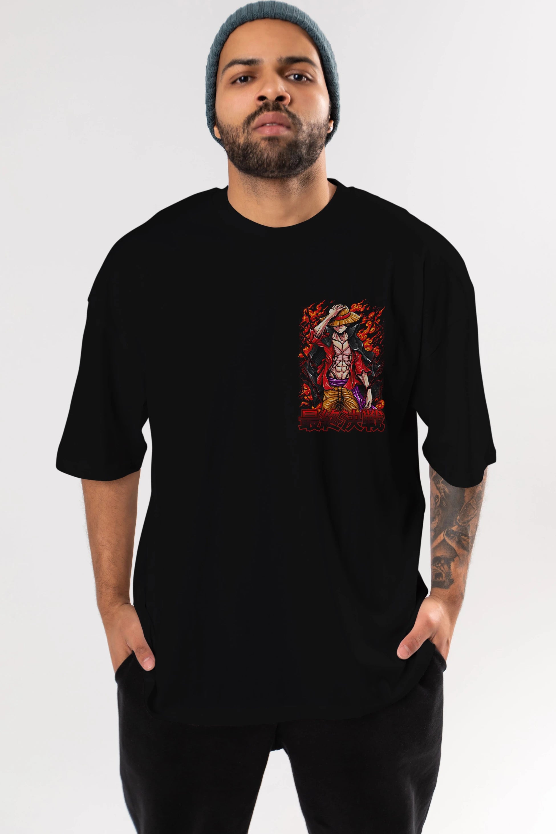 MONKEY D. LUFFY (3) Ön Sol Baskılı Oversize t-shirt Erkek Kadın Unisex %100 Pamuk Bisiklet Yaka tişort