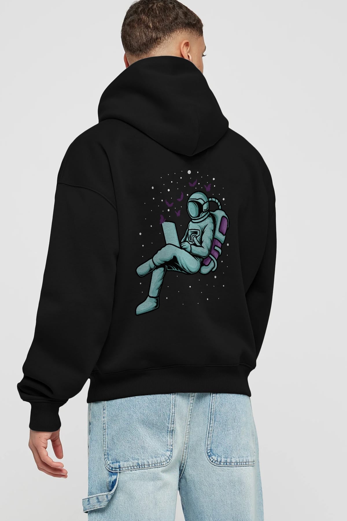 Work with Butterflies in Space Arka Baskılı Hoodie Oversize Kapüşonlu Sweatshirt Erkek Kadın Unisex