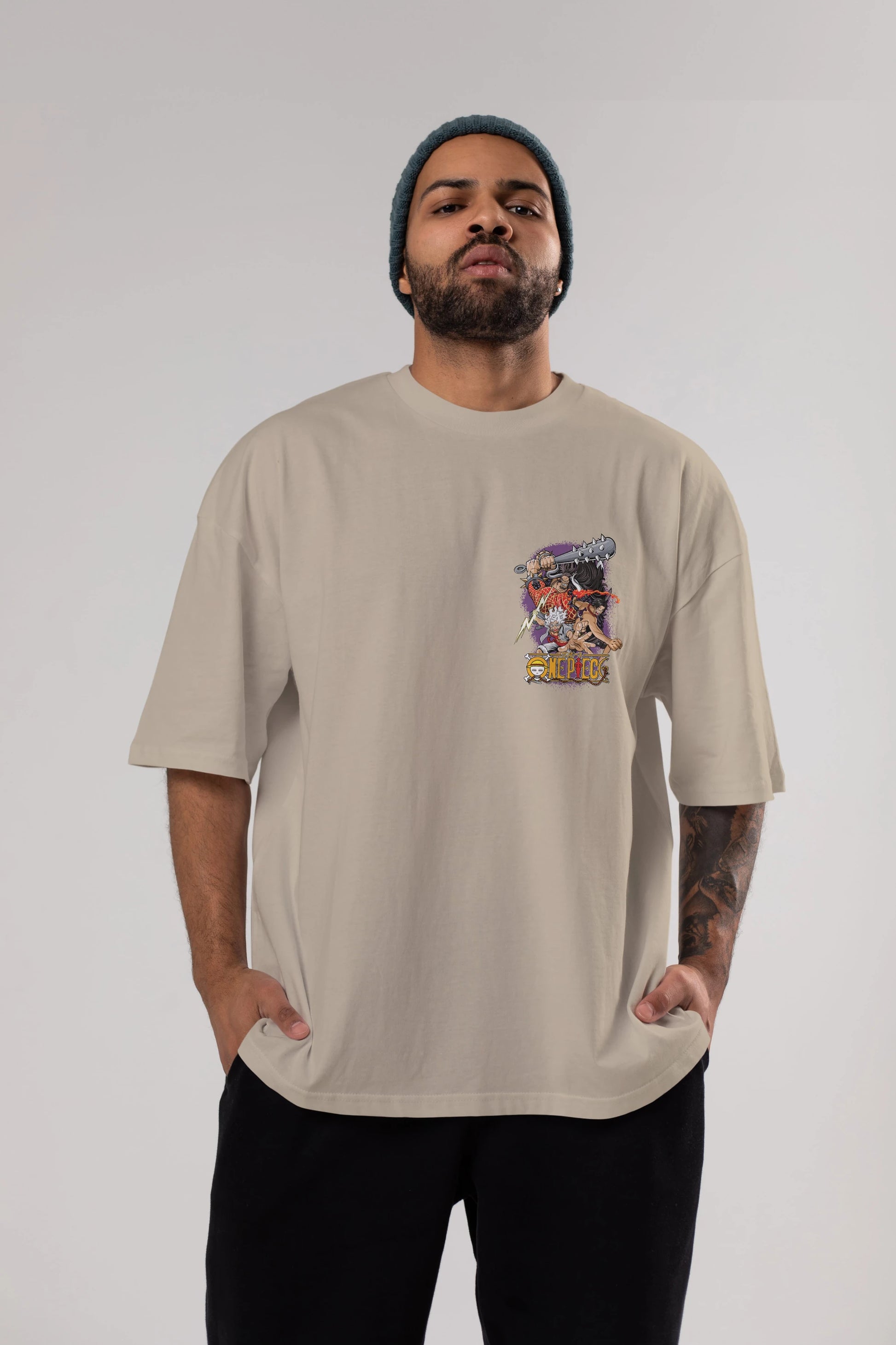 ONE PIECE (6) Ön Sol Baskılı Oversize t-shirt Erkek Kadın Unisex %100 Pamuk Bisiklet Yaka tişort