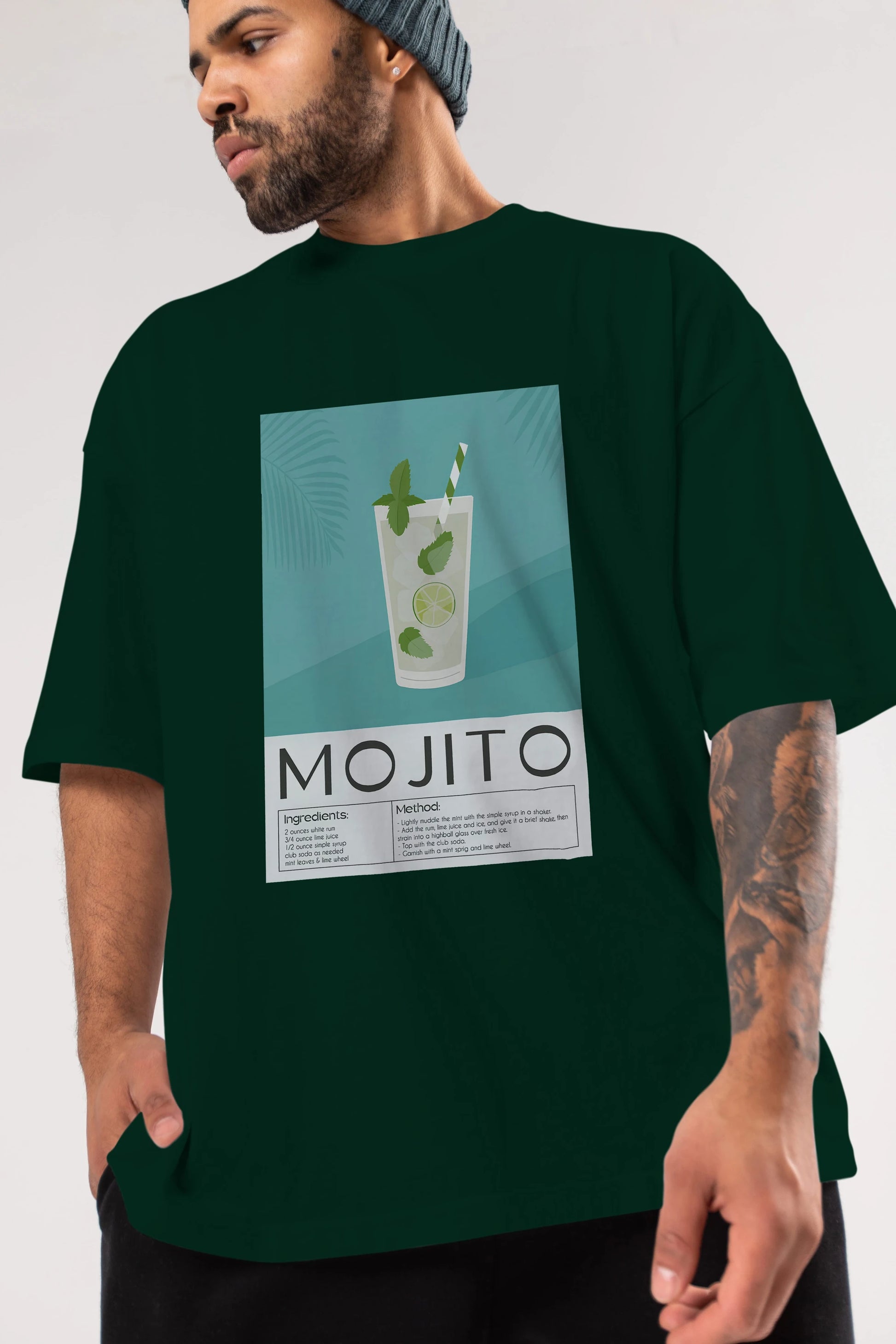 Mojito 4 Ön Baskılı Oversize t-shirt Erkek Kadın Unisex %100 Pamuk Bisiklet Yaka tişort
