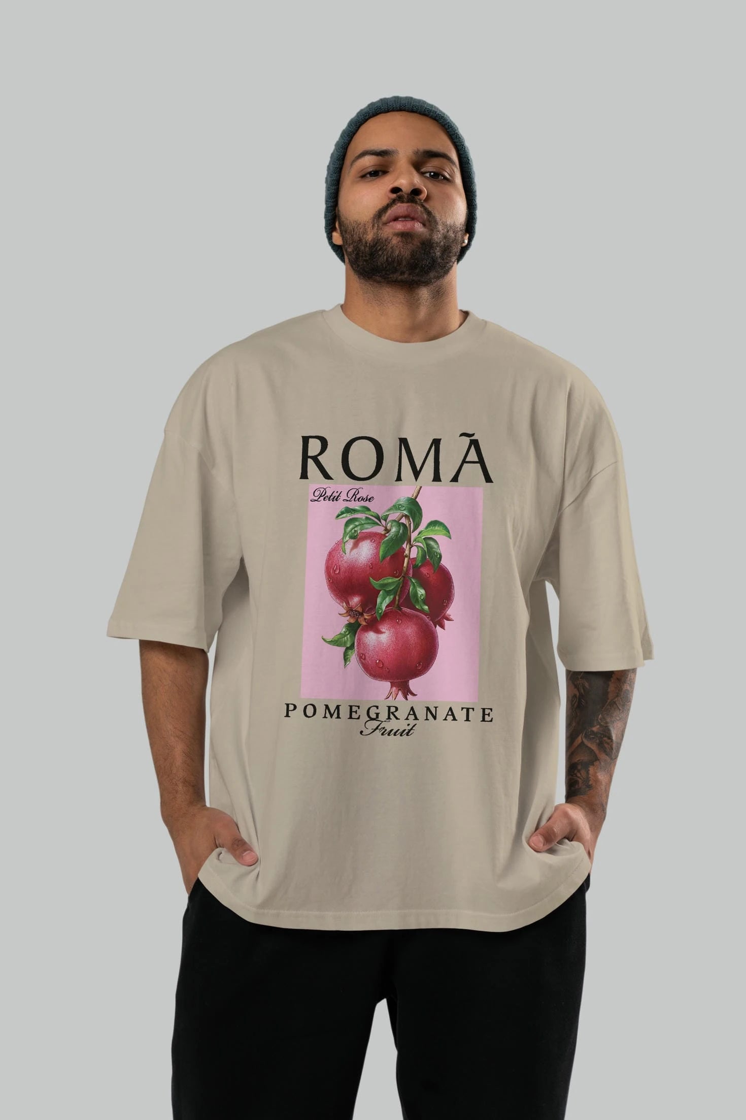 Roma Pomegranate Nar Ön Baskılı Oversize t-shirt Erkek Kadın Pamuk Bisiklet Yaka tişort
