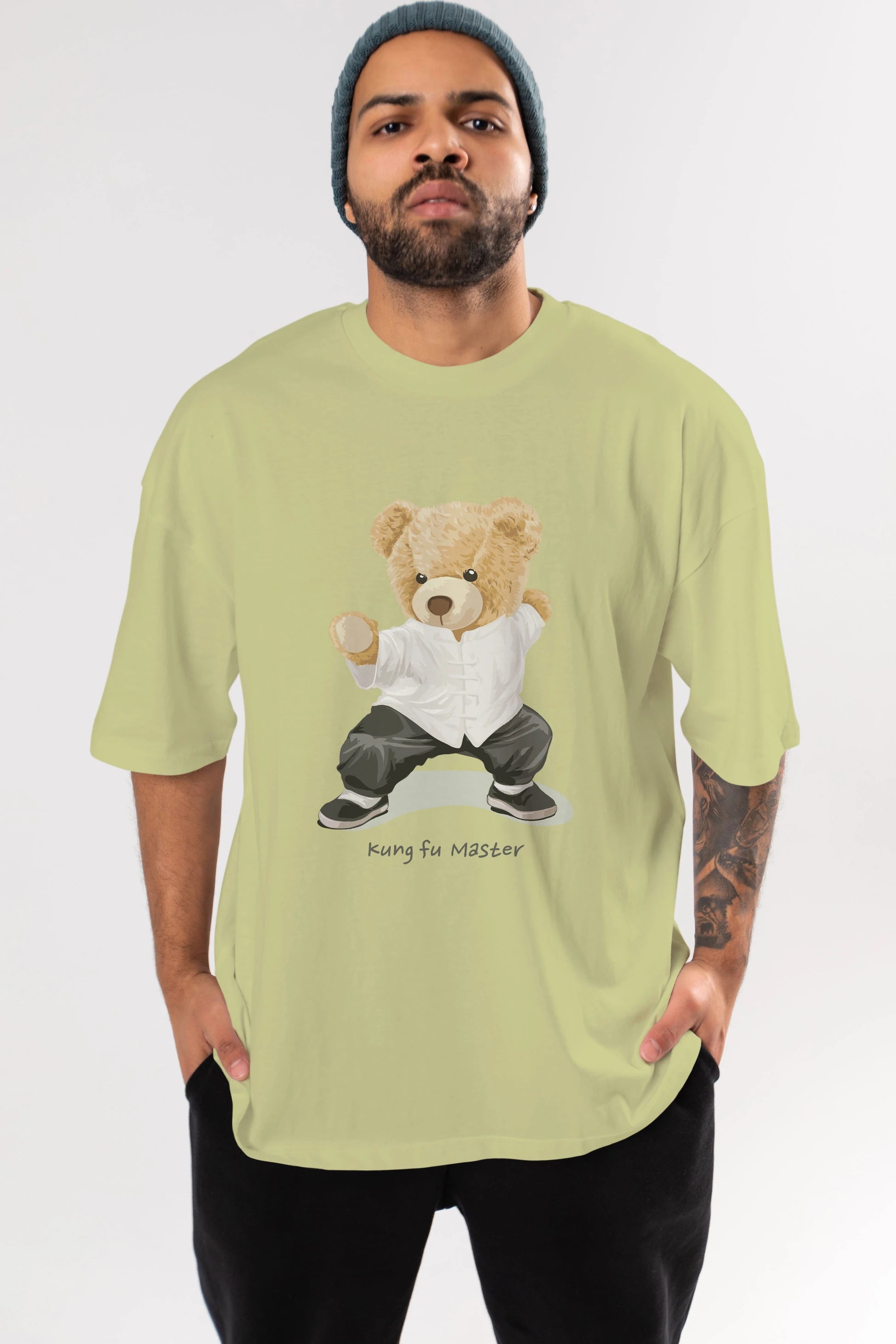Teddy Bear Kung Fu Master Ön Baskılı Oversize t-shirt Erkek Kadın Unisex %100 Pamuk