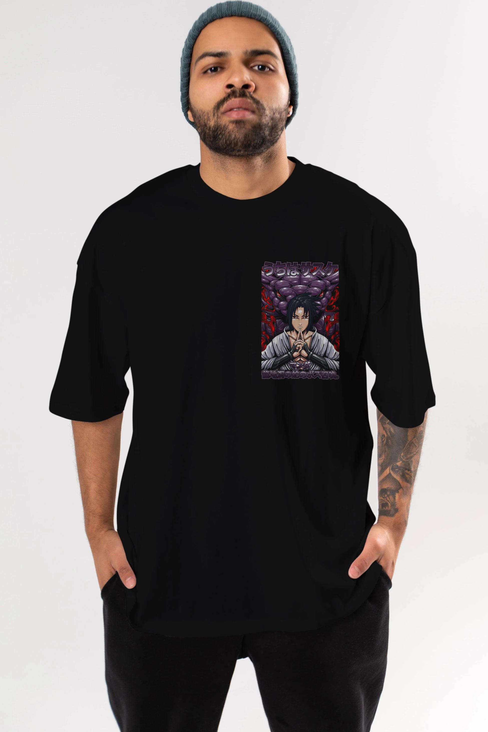 NARUTO SASUKE UCHIHA Ön Sol Baskılı Oversize t-shirt Erkek Kadın Unisex %100 Pamuk Bisiklet Yaka tişort