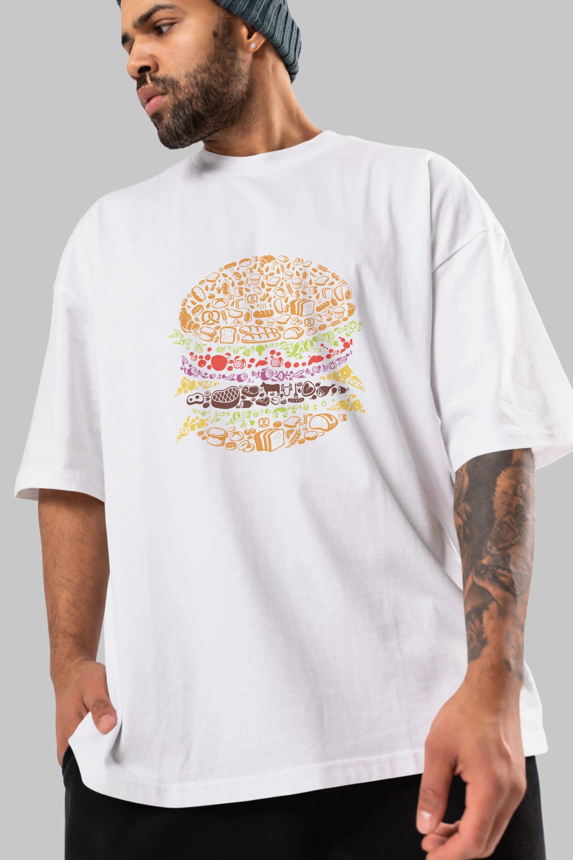 Burger Ön Baskılı Oversize t-shirt %100 pamuk Erkek Kadın Unisex